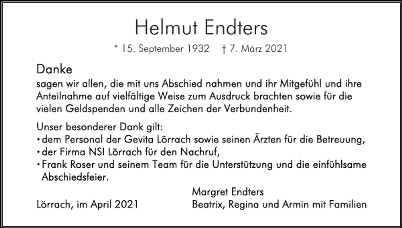 <p>Helmut Endters<br />* 15. September 1932</p><p>† 7. März 2021</p>