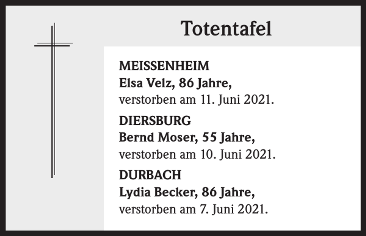 <p>Totentafel<br />MEISSENHEIM<br />Elsa Velz, 86 Jahre,<br />verstorben am 11. Juni 2021.<br />DIERSBURG<br />Bernd Moser, 55 Jahre,<br />verstorben am 10. Juni 2021.<br />DURBACH<br />Lydia Becker, 86 Jahre,<br />verstorben am 7. Juni 2021.</p>