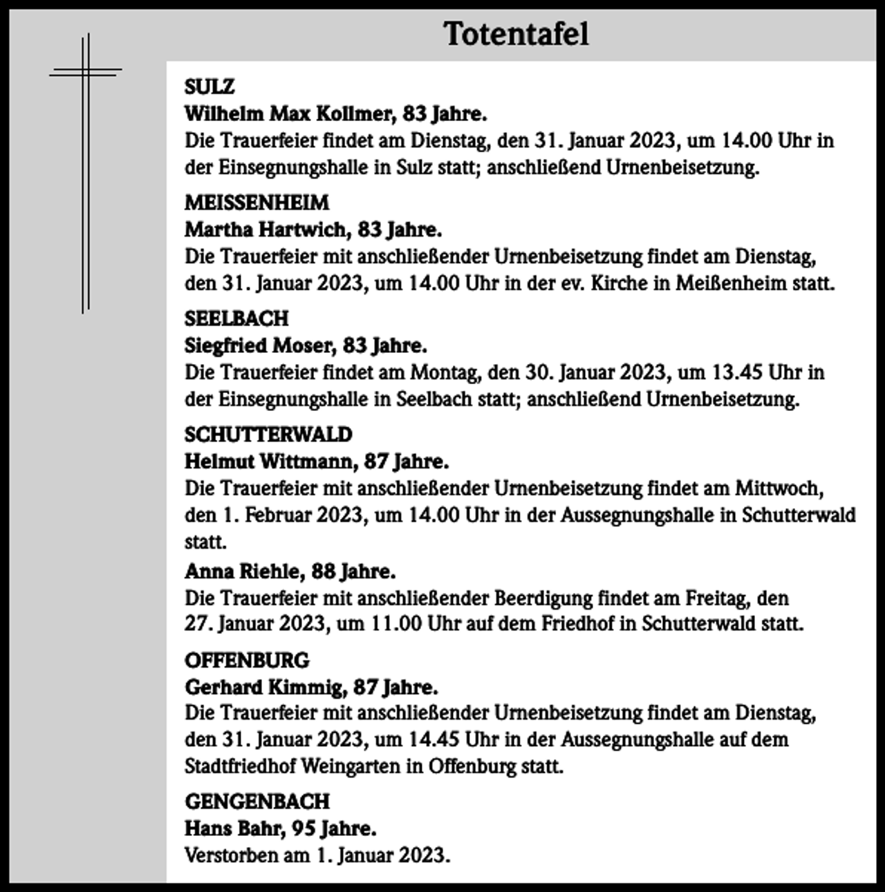 <p>Totentafel Totentafel<br />SULZ<br />Wilhelm Max Kollmer, 83 Jahre.<br />Die Trauerfeier findet am Dienstag, den 31. Januar 2023, um 14.00 Uhr in<br />der Einsegnungshalle in Sulz statt; anschließend Urnenbeisetzung.<br />MEISSENHEIM<br />Martha Hartwich, 83 Jahre.<br />Die Trauerfeier mit anschließender Urnenbeisetzung findet am Dienstag,<br />den 31. Januar 2023, um 14.00 Uhr in der ev. Kirche in Meißenheim statt.<br />SEELBACH<br />Siegfried Moser, 83 Jahre.<br />Die Trauerfeier findet am Montag, den 30. Januar 2023, um 13.45 Uhr in<br />der Einsegnungshalle in Seelbach statt; anschließend Urnenbeisetzung.<br />SCHUTTERWALD<br />Helmut Wittmann, 87 Jahre.<br />Die Trauerfeier mit anschließender Urnenbeisetzung findet am Mittwoch,<br />den 1. Februar 2023, um 14.00 Uhr in der Aussegnungshalle in Schutterwald<br />statt.<br />Anna Riehle, 88 Jahre.<br />Die Trauerfeier mit anschließender Beerdigung findet am Freitag, den<br />27. Januar 2023, um 11.00 Uhr auf dem Friedhof in Schutterwald statt.<br />OFFENBURG<br />Gerhard Kimmig, 87 Jahre.<br />Die Trauerfeier mit anschließender Urnenbeisetzung findet am Dienstag,<br />den 31. Januar 2023, um 14.45 Uhr in der Aussegnungshalle auf dem<br />Stadtfriedhof Weingarten in Offenburg statt.<br />GENGENBACH<br />Hans Bahr, 95 Jahre.<br />Verstorben am 1. Januar 2023.</p>
