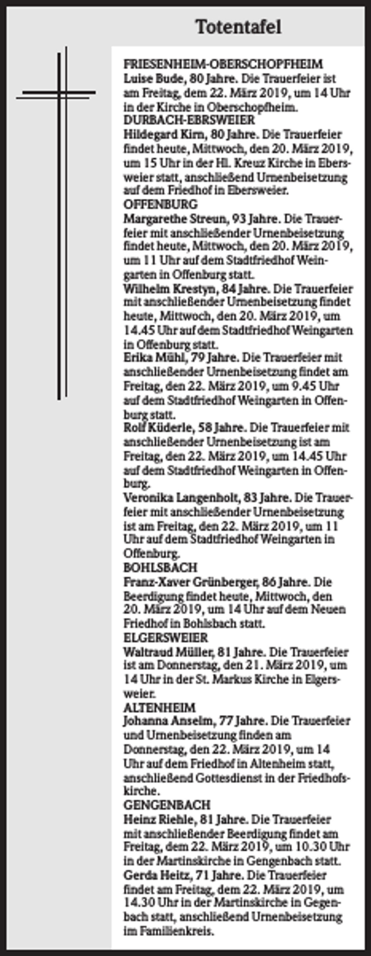 <p>Totentafel<br />FRIESENHEIM-OBERSCHOPFHEIM<br />Luise Bude, 80 Jahre. Die Trauerfeier ist<br />am Freitag, dem 22. März 2019, um 14 Uhr<br />in der Kirche in Oberschopfheim.<br />DURBACH-EBRSWEIER<br />Hildegard Kirn, 80 Jahre. Die Trauerfeier<br />findet heute, Mittwoch, den 20. März 2019,<br />um 15 Uhr in der Hl. Kreuz Kirche in Ebersweier statt, anschließend Urnenbeisetzung<br />auf dem Friedhof in Ebersweier.<br />OFFENBURG<br />Margarethe Streun, 93 Jahre. Die Trauerfeier mit anschließender Urnenbeisetzung<br />findet heute, Mittwoch, den 20. März 2019,<br />um 11 Uhr auf dem Stadtfriedhof Weingarten in Offenburg statt.<br />Wilhelm Krestyn, 84 Jahre. Die Trauerfeier<br />mit anschließender Urnenbeisetzung findet<br />heute, Mittwoch, den 20. März 2019, um<br />14.45 Uhr auf dem Stadtfriedhof Weingarten<br />in Offenburg statt.<br />Erika Mühl, 79 Jahre. Die Trauerfeier mit<br />anschließender Urnenbeisetzung findet am<br />Freitag, den 22. März 2019, um 9.45 Uhr<br />auf dem Stadtfriedhof Weingarten in Offenburg statt.<br />Rolf Küderle, 58 Jahre. Die Trauerfeier mit<br />anschließender Urnenbeisetzung ist am<br />Freitag, den 22. März 2019, um 14.45 Uhr<br />auf dem Stadtfriedhof Weingarten in Offenburg.<br />Veronika Langenholt, 83 Jahre. Die Trauerfeier mit anschließender Urnenbeisetzung<br />ist am Freitag, den 22. März 2019, um 11<br />Uhr auf dem Stadtfriedhof Weingarten in<br />Offenburg.<br />BOHLSBACH<br />Franz-Xaver Grünberger, 86 Jahre. Die<br />Beerdigung findet heute, Mittwoch, den<br />20. März 2019, um 14 Uhr auf dem Neuen<br />Friedhof in Bohlsbach statt.<br />ELGERSWEIER<br />Waltraud Müller, 81 Jahre. Die Trauerfeier<br />ist am Donnerstag, den 21. März 2019, um<br />14 Uhr in der St. Markus Kirche in Elgersweier.<br />ALTENHEIM<br />Johanna Anselm, 77 Jahre. Die Trauerfeier<br />und Urnenbeisetzung finden am<br />Donnerstag, den 22. März 2019, um 14<br />Uhr auf dem Friedhof in Altenheim statt,<br />anschließend Gottesdienst in der Friedhofskirche.<br />GENGENBACH<br />Heinz Riehle, 81 Jahre. Die Trauerfeier<br />mit anschließender Beerdigung findet am<br />Freitag, dem 22. März 2019, um 10.30 Uhr<br />in der Martinskirche in Gengenbach statt.<br />Gerda Heitz, 71 Jahre. Die Trauerfeier<br />findet am Freitag, dem 22. März 2019, um<br />14.30 Uhr in der Martinskirche in Gegenbach statt, anschließend Urnenbeisetzung<br />im Familienkreis.</p>