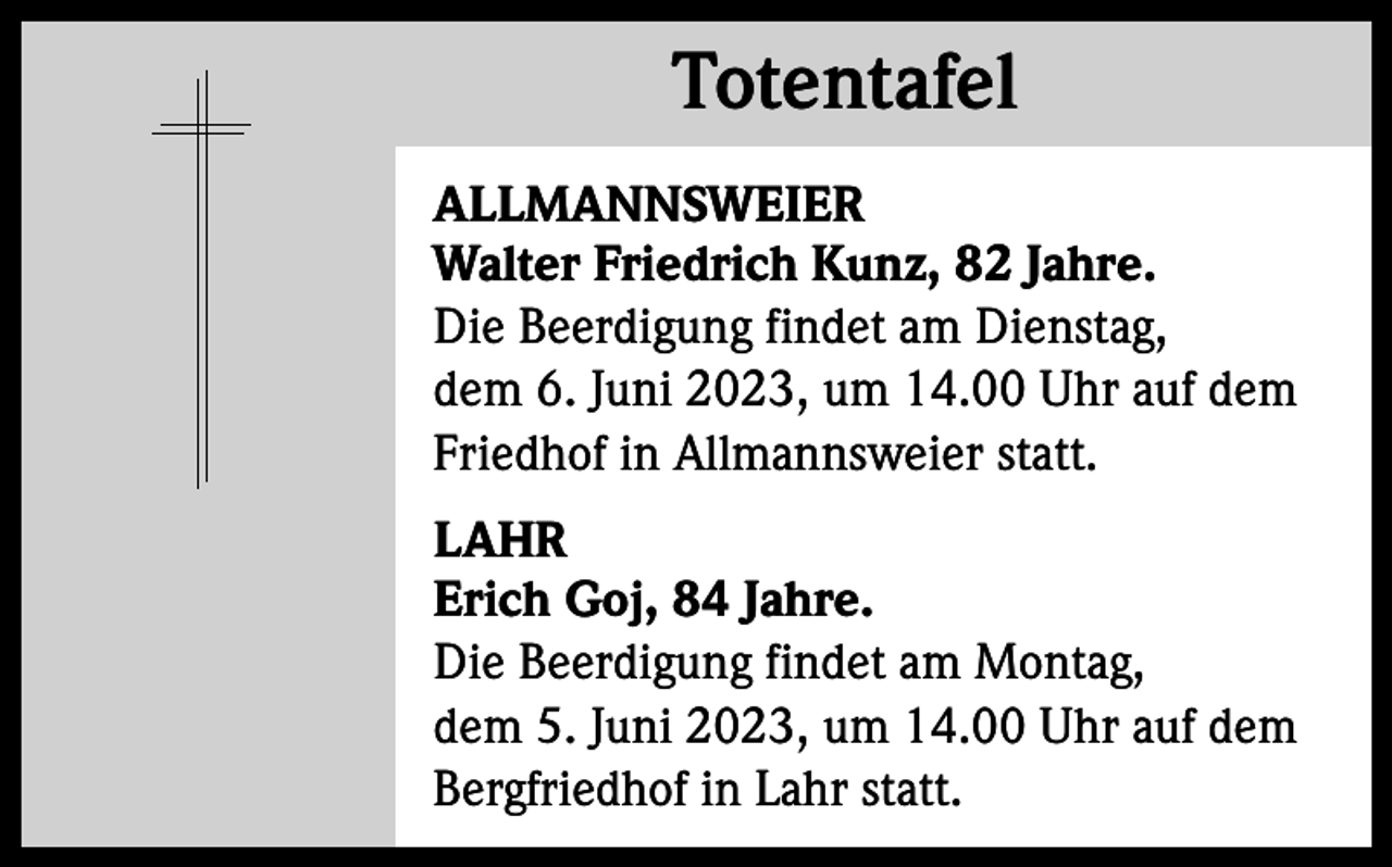 <p>Totentafel<br />Totentafel<br />ALLMANNSWEIER<br />Walter Friedrich Kunz, 82 Jahre.<br />Die Beerdigung findet am Dienstag,<br />dem 6. Juni 2023, um 14.00 Uhr auf dem<br />Friedhof in Allmannsweier statt.<br />LAHR<br />Erich Goj, 84 Jahre.<br />Die Beerdigung findet am Montag,<br />dem 5. Juni 2023, um 14.00 Uhr auf dem<br />Bergfriedhof in Lahr statt.</p>