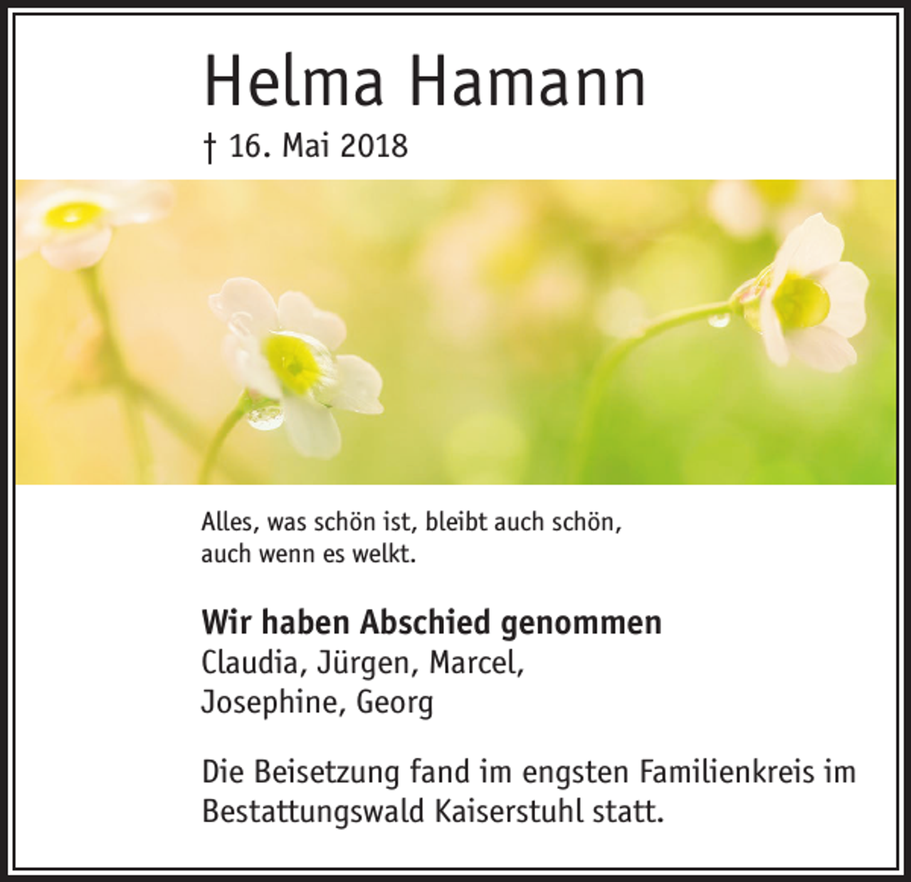 <p>Helma Hamann<br />† 16. Mai 2018</p><p>Alles, was schön ist, bleibt auch schön,<br />auch wenn es welkt.</p><p>Wir haben Abschied genommen<br />Claudia, Jürgen, Marcel,<br />Josephine, Georg<br />Die Beisetzung fand im engsten Familienkreis im<br />Bestattungswald Kaiserstuhl statt.</p>