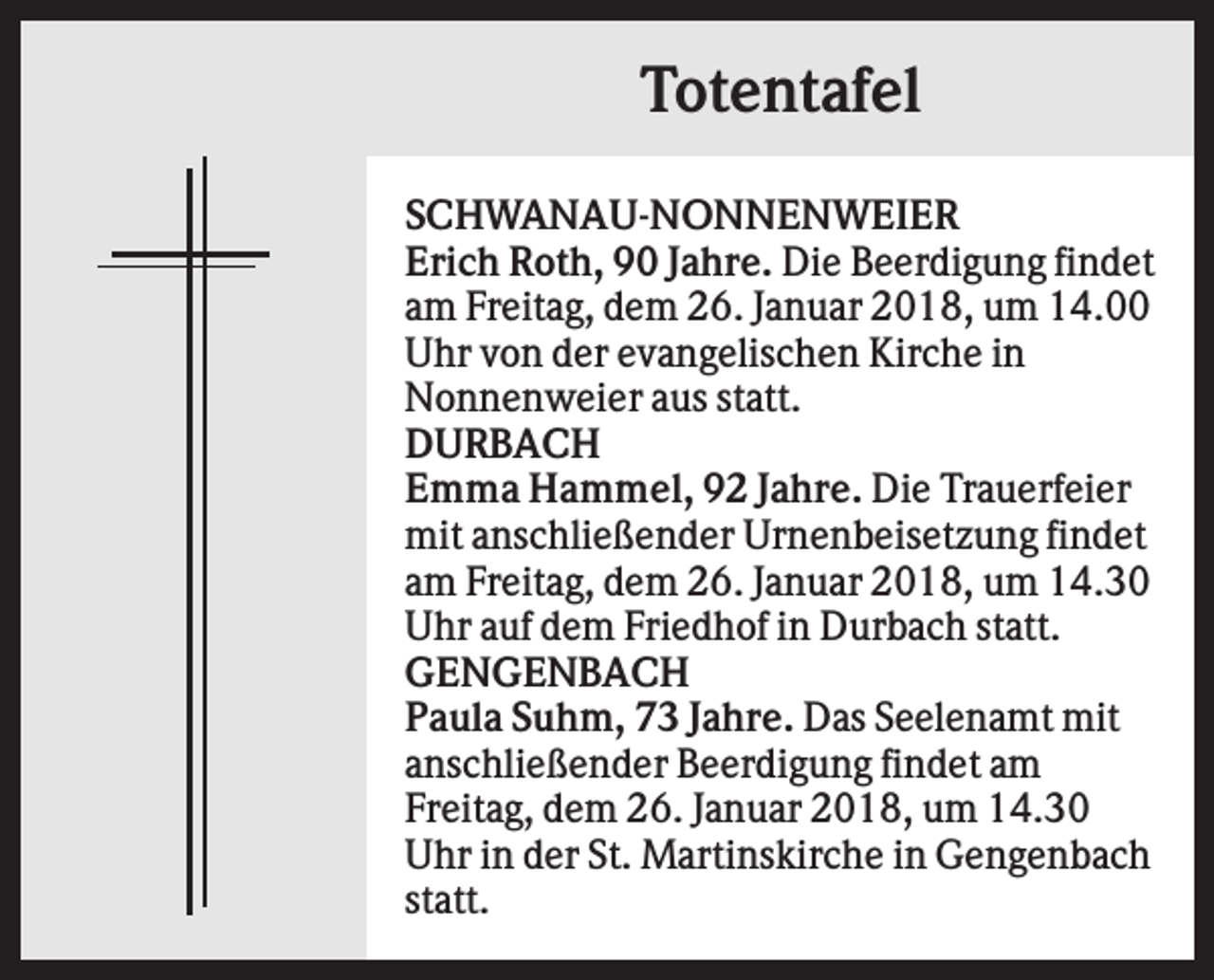 <p>Totentafel<br />SCHWANAU-NONNENWEIER<br />Erich Roth, 90 Jahre. Die Beerdigung findet<br />am Freitag, dem 26. Januar 2018, um 14.00<br />Uhr von der evangelischen Kirche in<br />Nonnenweier aus statt.<br />DURBACH<br />Emma Hammel, 92 Jahre. Die Trauerfeier<br />mit anschließender Urnenbeisetzung findet<br />am Freitag, dem 26. Januar 2018, um 14.30<br />Uhr auf dem Friedhof in Durbach statt.<br />GENGENBACH<br />Paula Suhm, 73 Jahre. Das Seelenamt mit<br />anschließender Beerdigung findet am<br />Freitag, dem 26. Januar 2018, um 14.30<br />Uhr in der St. Martinskirche in Gengenbach<br />statt.</p>
