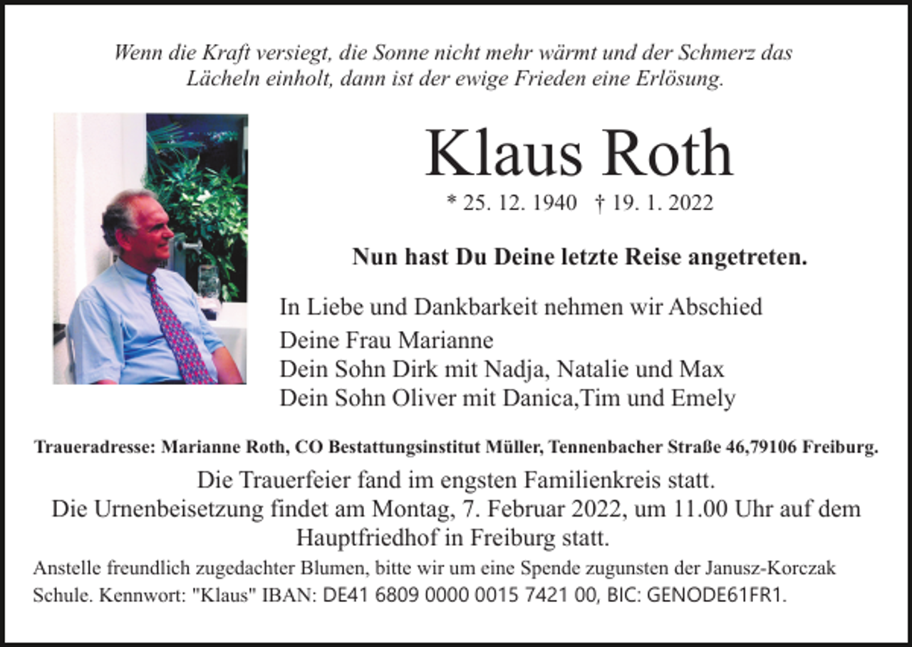 Klaus Roth | Traueranzeigen, Nachrufe & Danksagungen auf BZtrauer.de