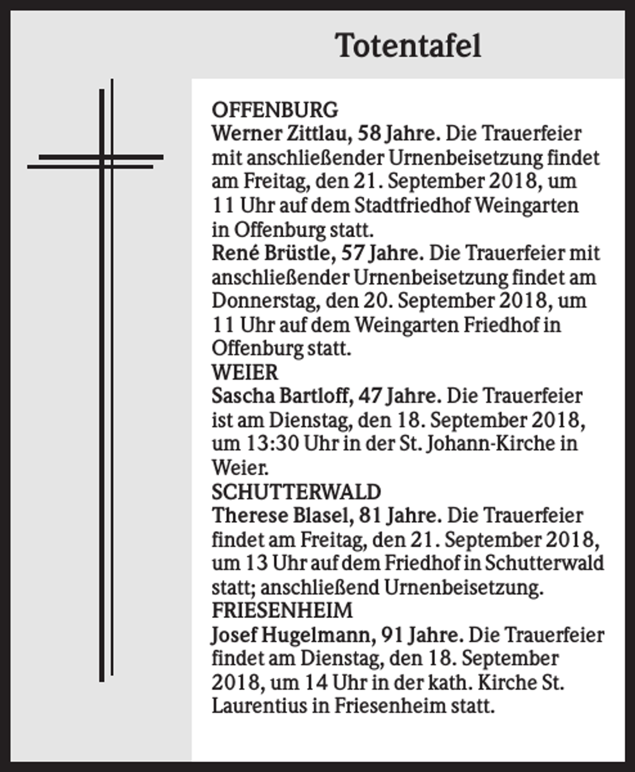 <p>Totentafel<br />OFFENBURG<br />Werner Zittlau, 58 Jahre. Die Trauerfeier<br />mit anschließender Urnenbeisetzung findet<br />am Freitag, den 21. September 2018, um<br />11 Uhr auf dem Stadtfriedhof Weingarten<br />in Offenburg statt.<br />René Brüstle, 57 Jahre. Die Trauerfeier mit<br />anschließender Urnenbeisetzung findet am<br />Donnerstag, den 20. September 2018, um<br />11 Uhr auf dem Weingarten Friedhof in<br />Offenburg statt.<br />WEIER<br />Sascha Bartloff, 47 Jahre. Die Trauerfeier<br />ist am Dienstag, den 18. September 2018,<br />um 13:30 Uhr in der St. Johann-Kirche in<br />Weier.<br />SCHUTTERWALD<br />Therese Blasel, 81 Jahre. Die Trauerfeier<br />findet am Freitag, den 21. September 2018,<br />um 13 Uhr auf dem Friedhof in Schutterwald<br />statt; anschließend Urnenbeisetzung.<br />FRIESENHEIM<br />Josef Hugelmann, 91 Jahre. Die Trauerfeier<br />findet am Dienstag, den 18. September<br />2018, um 14 Uhr in der kath. Kirche St.<br />Laurentius in Friesenheim statt.</p>