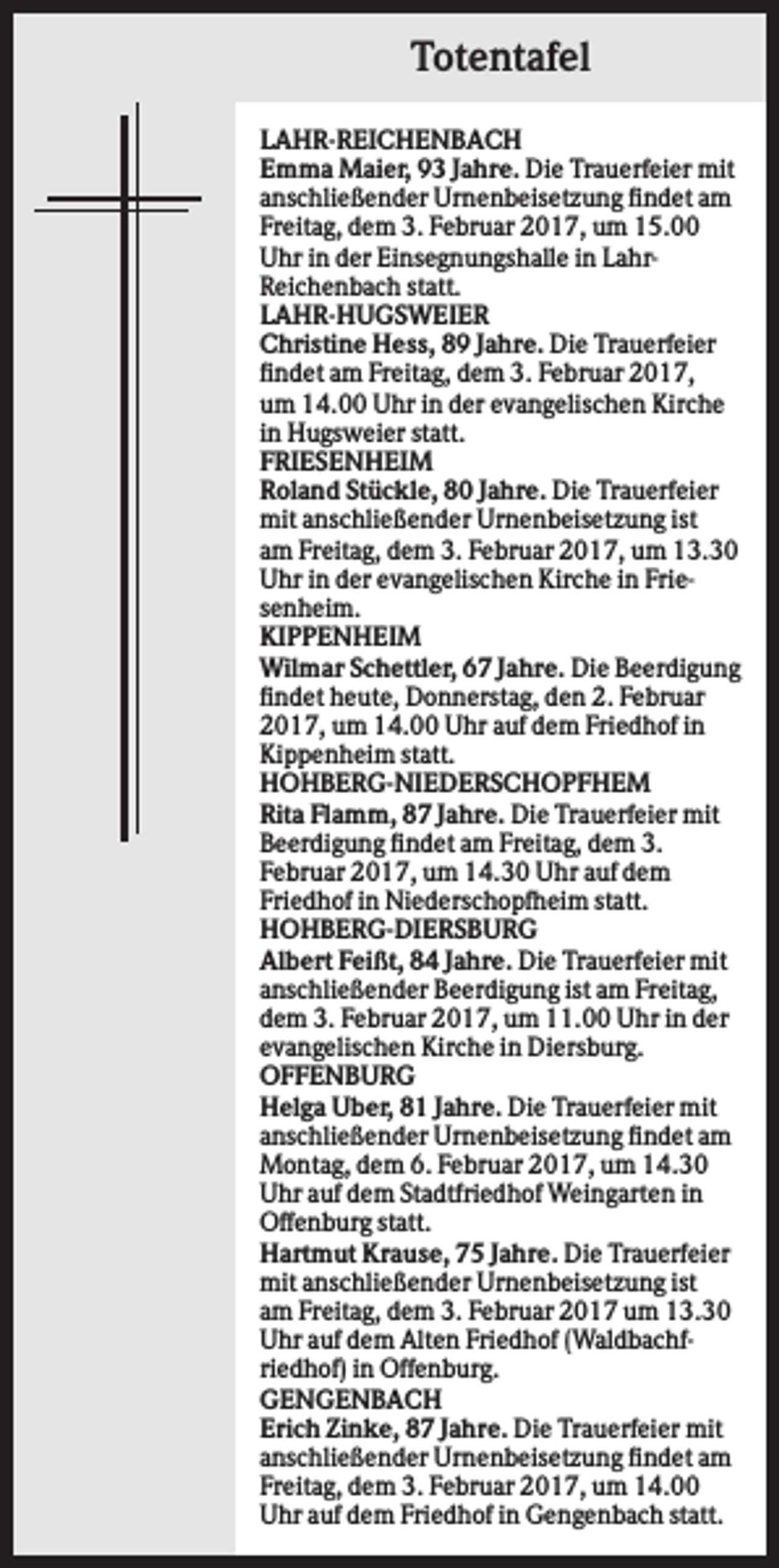 <p>Totentafel<br />LAHR-REICHENBACH<br />Emma Maier, 93 Jahre. Die Trauerfeier mit<br />anschließender Urnenbeisetzung findet am<br />Freitag, dem 3. Februar 2017, um 15.00<br />Uhr in der Einsegnungshalle in LahrReichenbach statt.<br />LAHR-HUGSWEIER<br />Christine Hess, 89 Jahre. Die Trauerfeier<br />findet am Freitag, dem 3. Februar 2017,<br />um 14.00 Uhr in der evangelischen Kirche<br />in Hugsweier statt.<br />FRIESENHEIM<br />Roland Stückle, 80 Jahre. Die Trauerfeier<br />mit anschließender Urnenbeisetzung ist<br />am Freitag, dem 3. Februar 2017, um 13.30<br />Uhr in der evangelischen Kirche in Friesenheim.<br />KIPPENHEIM<br />Wilmar Schettler, 67 Jahre. Die Beerdigung<br />findet heute, Donnerstag, den 2. Februar<br />2017, um 14.00 Uhr auf dem Friedhof in<br />Kippenheim statt.<br />HOHBERG-NIEDERSCHOPFHEM<br />Rita Flamm, 87 Jahre. Die Trauerfeier mit<br />Beerdigung findet am Freitag, dem 3.<br />Februar 2017, um 14.30 Uhr auf dem<br />Friedhof in Niederschopfheim statt.<br />HOHBERG-DIERSBURG<br />Albert Feißt, 84 Jahre. Die Trauerfeier mit<br />anschließender Beerdigung ist am Freitag,<br />dem 3. Februar 2017, um 11.00 Uhr in der<br />evangelischen Kirche in Diersburg.<br />OFFENBURG<br />Helga Uber, 81 Jahre. Die Trauerfeier mit<br />anschließender Urnenbeisetzung findet am<br />Montag, dem 6. Februar 2017, um 14.30<br />Uhr auf dem Stadtfriedhof Weingarten in<br />Offenburg statt.<br />Hartmut Krause, 75 Jahre. Die Trauerfeier<br />mit anschließender Urnenbeisetzung ist<br />am Freitag, dem 3. Februar 2017 um 13.30<br />Uhr auf dem Alten Friedhof (Waldbachfriedhof) in Offenburg.<br />GENGENBACH<br />Erich Zinke, 87 Jahre. Die Trauerfeier mit<br />anschließender Urnenbeisetzung findet am<br />Freitag, dem 3. Februar 2017, um 14.00<br />Uhr auf dem Friedhof in Gengenbach statt.</p>