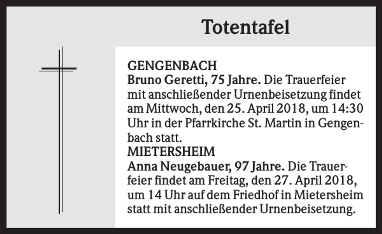 <p>Totentafel<br />GENGENBACH<br />Bruno Geretti, 75 Jahre. Die Trauerfeier<br />mit anschließender Urnenbeisetzung findet<br />am Mittwoch, den 25. April 2018, um 14:30<br />Uhr in der Pfarrkirche St. Martin in Gengenbach statt.<br />MIETERSHEIM<br />Anna Neugebauer, 97 Jahre. Die Trauerfeier findet am Freitag, den 27. April 2018,<br />um 14 Uhr auf dem Friedhof in Mietersheim<br />statt mit anschließender Urnenbeisetzung.</p>