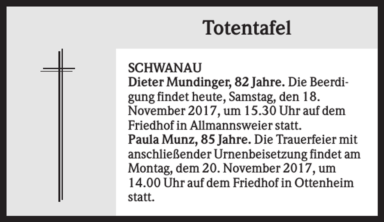 <p>Totentafel<br />SCHWANAU<br />Dieter Mundinger, 82 Jahre. Die Beerdigung findet heute, Samstag, den 18.<br />November 2017, um 15.30 Uhr auf dem<br />Friedhof in Allmannsweier statt.<br />Paula Munz, 85 Jahre. Die Trauerfeier mit<br />anschließender Urnenbeisetzung findet am<br />Montag, dem 20. November 2017, um<br />14.00 Uhr auf dem Friedhof in Ottenheim<br />statt.</p>