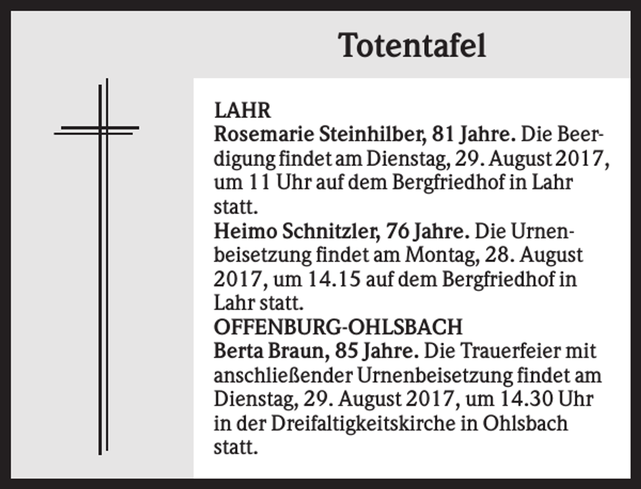 <p>Totentafel<br />LAHR<br />Rosemarie Steinhilber, 81 Jahre. Die Beerdigung findet am Dienstag, 29. August 2017,<br />um 11 Uhr auf dem Bergfriedhof in Lahr<br />statt.<br />Heimo Schnitzler, 76 Jahre. Die Urnenbeisetzung findet am Montag, 28. August<br />2017, um 14.15 auf dem Bergfriedhof in<br />Lahr statt.<br />OFFENBURG-OHLSBACH<br />Berta Braun, 85 Jahre. Die Trauerfeier mit<br />anschließender Urnenbeisetzung findet am<br />Dienstag, 29. August 2017, um 14.30 Uhr<br />in der Dreifaltigkeitskirche in Ohlsbach<br />statt.</p>