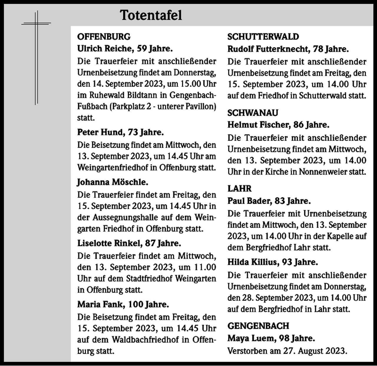 <p>Totentafel<br />Totentafel<br />OFFENBURG<br />Ulrich Reiche, 59 Jahre.<br />Die Trauerfeier mit anschließender<br />Urnenbeisetzung findet am Donnerstag,<br />den 14. September 2023, um 15.00 Uhr<br />im Ruhewald Bildtann in GengenbachFußbach (Parkplatz 2 - unterer Pavillon)<br />statt.<br />Peter Hund, 73 Jahre.<br />Die Beisetzung findet am Mittwoch, den<br />13. September 2023, um 14.45 Uhr am<br />Weingartenfriedhof in Offenburg statt.<br />Johanna Möschle.<br />Die Trauerfeier findet am Freitag, den<br />15. September 2023, um 14.45 Uhr in<br />der Aussegnungshalle auf dem Weingarten Friedhof in Offenburg statt.<br />Liselotte Rinkel, 87 Jahre.<br />Die Trauerfeier findet am Mittwoch,<br />den 13. September 2023, um 11.00<br />Uhr auf dem Stadtfriedhof Weingarten<br />in Offenburg statt.<br />Maria Fank, 100 Jahre.<br />Die Beisetzung findet am Freitag, den<br />15. September 2023, um 14.45 Uhr<br />auf dem Waldbachfriedhof in Offenburg statt.</p><p>SCHUTTERWALD<br />Rudolf Futterknecht, 78 Jahre.<br />Die Trauerfeier mit anschließender<br />Urnenbeisetzung findet am Freitag, den<br />15. September 2023, um 14.00 Uhr<br />auf dem Friedhof in Schutterwald statt.<br />SCHWANAU<br />Helmut Fischer, 86 Jahre.<br />Die Trauerfeier mit anschließender<br />Urnenbeisetzung findet am Mittwoch,<br />den 13. September 2023, um 14.00<br />Uhr in der Kirche in Nonnenweier statt.<br />LAHR<br />Paul Bader, 83 Jahre.<br />Die Trauerfeier mit Urnenbeisetzung<br />findet am Mittwoch, den 13. September<br />2023, um 14.00 Uhr in der Kapelle auf<br />dem Bergfriedhof Lahr statt.<br />Hilda Killius, 93 Jahre.<br />Die Trauerfeier mit anschließender<br />Urnenbeisetzung findet am Donnerstag,<br />den 28. September 2023, um 14.00 Uhr<br />auf dem Bergfriedhof in Lahr statt.<br />GENGENBACH<br />Maya Luem, 98 Jahre.<br />Verstorben am 27. August 2023.</p>