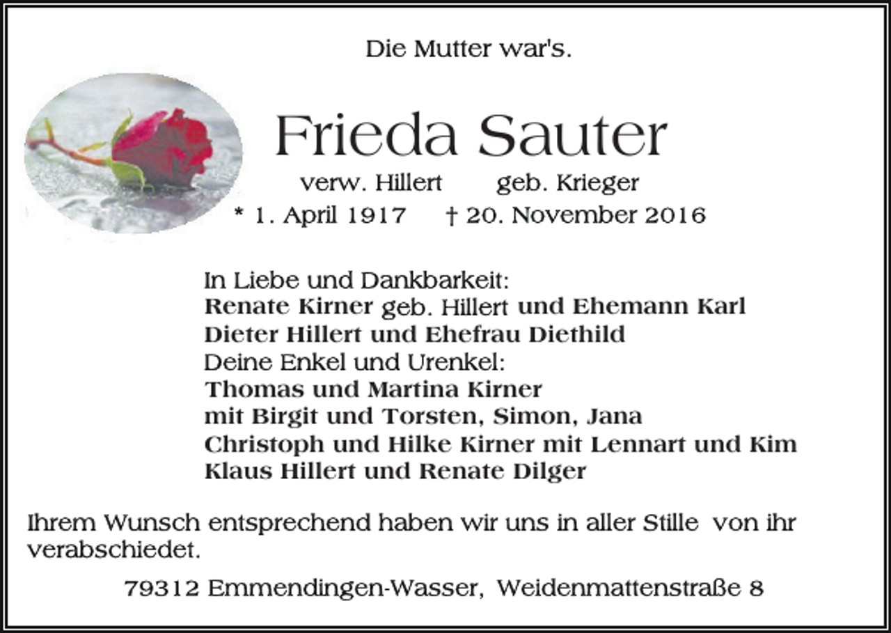 <p>Frieda Sauter<br />Renate Kirner<br />und Ehemann Karl<br />Dieter Hillert und Ehefrau Diethild<br />Thomas und Martina Kirner<br />mit Birgit und Torsten, Simon, Jana<br />Christoph und Hilke Kirner mit Lennart und Kim<br />Klaus Hillert und Renate Dilger</p>
