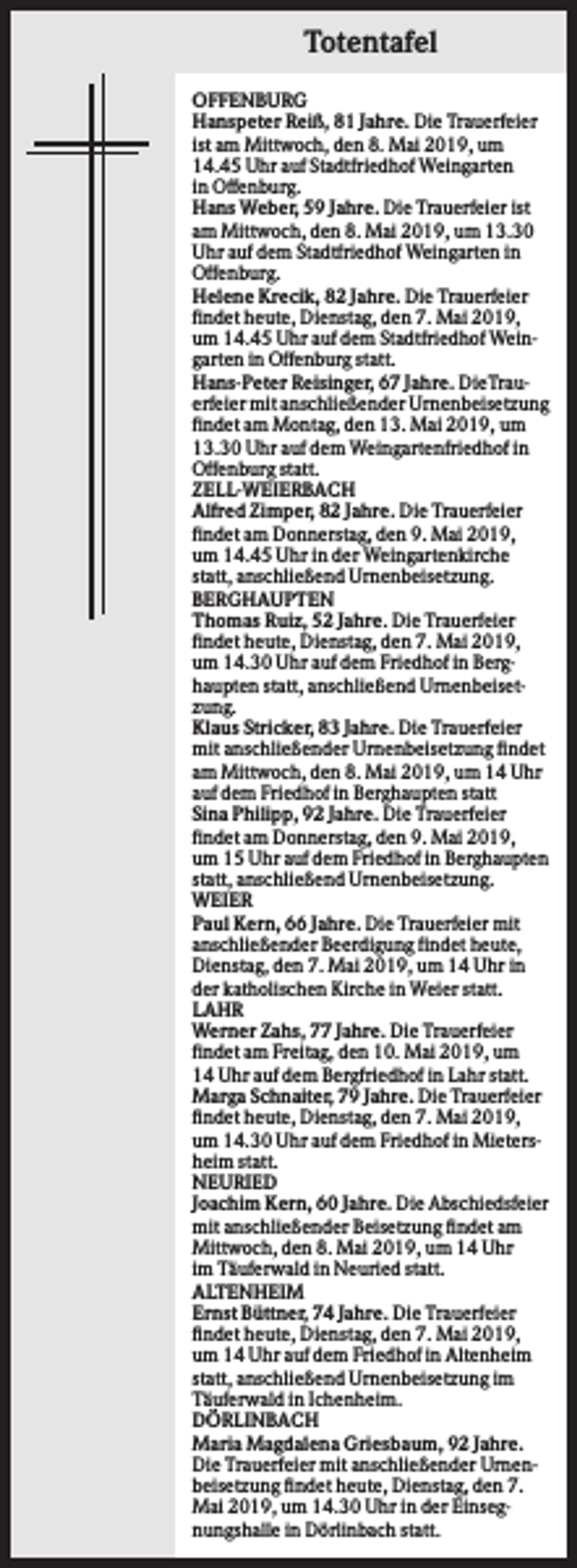 <p>Totentafel<br />OFFENBURG<br />Hanspeter Reiß, 81 Jahre. Die Trauerfeier<br />ist am Mittwoch, den 8. Mai 2019, um<br />14.45 Uhr auf Stadtfriedhof Weingarten<br />in Offenburg.<br />Hans Weber, 59 Jahre. Die Trauerfeier ist<br />am Mittwoch, den 8. Mai 2019, um 13.30<br />Uhr auf dem Stadtfriedhof Weingarten in<br />Offenburg.<br />Helene Krecik, 82 Jahre. Die Trauerfeier<br />findet heute, Dienstag, den 7. Mai 2019,<br />um 14.45 Uhr auf dem Stadtfriedhof Weingarten in Offenburg statt.<br />Hans-Peter Reisinger, 67 Jahre. DieTrauerfeier mit anschließender Urnenbeisetzung<br />findet am Montag, den 13. Mai 2019, um<br />13.30 Uhr auf dem Weingartenfriedhof in<br />Offenburg statt.<br />ZELL-WEIERBACH<br />Alfred Zimper, 82 Jahre. Die Trauerfeier<br />findet am Donnerstag, den 9. Mai 2019,<br />um 14.45 Uhr in der Weingartenkirche<br />statt, anschließend Urnenbeisetzung.<br />BERGHAUPTEN<br />Thomas Ruiz, 52 Jahre. Die Trauerfeier<br />findet heute, Dienstag, den 7. Mai 2019,<br />um 14.30 Uhr auf dem Friedhof in Berghaupten statt, anschließend Urnenbeisetzung.<br />Klaus Stricker, 83 Jahre. Die Trauerfeier<br />mit anschließender Urnenbeisetzung findet<br />am Mittwoch, den 8. Mai 2019, um 14 Uhr<br />auf dem Friedhof in Berghaupten statt<br />Sina Philipp, 92 Jahre. Die Trauerfeier<br />findet am Donnerstag, den 9. Mai 2019,<br />um 15 Uhr auf dem Friedhof in Berghaupten<br />statt, anschließend Urnenbeisetzung.<br />WEIER<br />Paul Kern, 66 Jahre. Die Trauerfeier mit<br />anschließender Beerdigung findet heute,<br />Dienstag, den 7. Mai 2019, um 14 Uhr in<br />der katholischen Kirche in Weier statt.<br />LAHR<br />Werner Zahs, 77 Jahre. Die Trauerfeier<br />findet am Freitag, den 10. Mai 2019, um<br />14 Uhr auf dem Bergfriedhof in Lahr statt.<br />Marga Schnaiter, 79 Jahre. Die Trauerfeier<br />findet heute, Dienstag, den 7. Mai 2019,<br />um 14.30 Uhr auf dem Friedhof in Mietersheim statt.<br />NEURIED<br />Joachim Kern, 60 Jahre. Die Abschiedsfeier<br />mit anschließender Beisetzung findet am<br />Mittwoch, den 8. Mai 2019, um 14 Uhr<br />im Täuferwald in Neuried statt.<br />ALTENHEIM<br />Ernst Büttner, 74 Jahre. Die Trauerfeier<br />findet heute, Dienstag, den 7. Mai 2019,<br />um 14 Uhr auf dem Friedhof in Altenheim<br />statt, anschließend Urnenbeisetzung im<br />Täuferwald in Ichenheim.<br />DÖRLINBACH<br />Maria Magdalena Griesbaum, 92 Jahre.<br />Die Trauerfeier mit anschließender Urnenbeisetzung findet heute, Dienstag, den 7.<br />Mai 2019, um 14.30 Uhr in der Einsegnungshalle in Dörlinbach statt.</p>