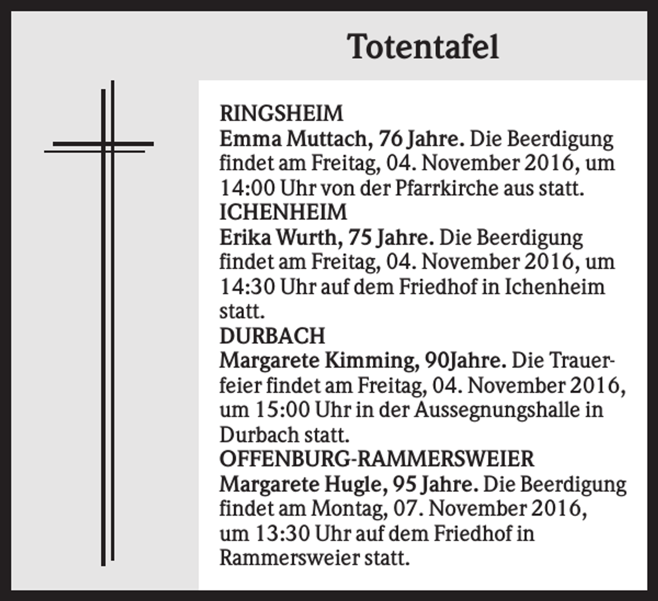 <p>Totentafel<br />RINGSHEIM<br />Emma Muttach, 76 Jahre. Die Beerdigung<br />findet am Freitag, 04. November 2016, um<br />14:00 Uhr von der Pfarrkirche aus statt.<br />ICHENHEIM<br />Erika Wurth, 75 Jahre. Die Beerdigung<br />findet am Freitag, 04. November 2016, um<br />14:30 Uhr auf dem Friedhof in Ichenheim<br />statt.<br />DURBACH<br />Margarete Kimming, 90Jahre. Die Trauerfeier findet am Freitag, 04. November 2016,<br />um 15:00 Uhr in der Aussegnungshalle in<br />Durbach statt.<br />OFFENBURG-RAMMERSWEIER<br />Margarete Hugle, 95 Jahre. Die Beerdigung<br />findet am Montag, 07. November 2016,<br />um 13:30 Uhr auf dem Friedhof in<br />Rammersweier statt.</p>