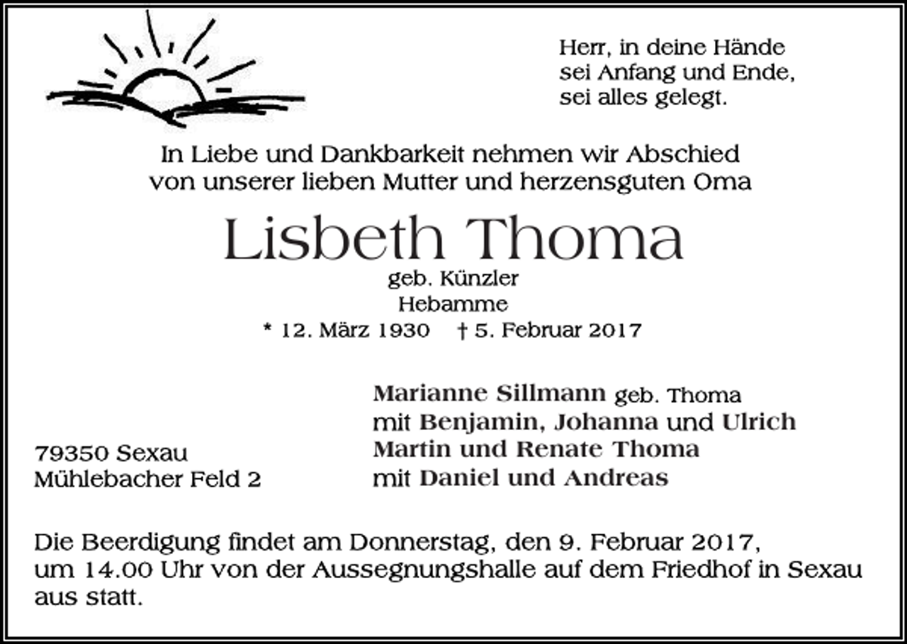 <p>Lisbeth Thoma<br />Marianne Sillmann<br />Benjamin, Johanna<br />Ulrich<br />Martin und Renate Thoma<br />Daniel und Andreas</p>