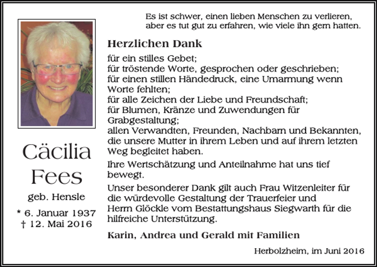 <p>Herzlichen Dank</p><p>Cäcilia<br />Fees<br />Karin, Andrea und Gerald mit Familien</p>