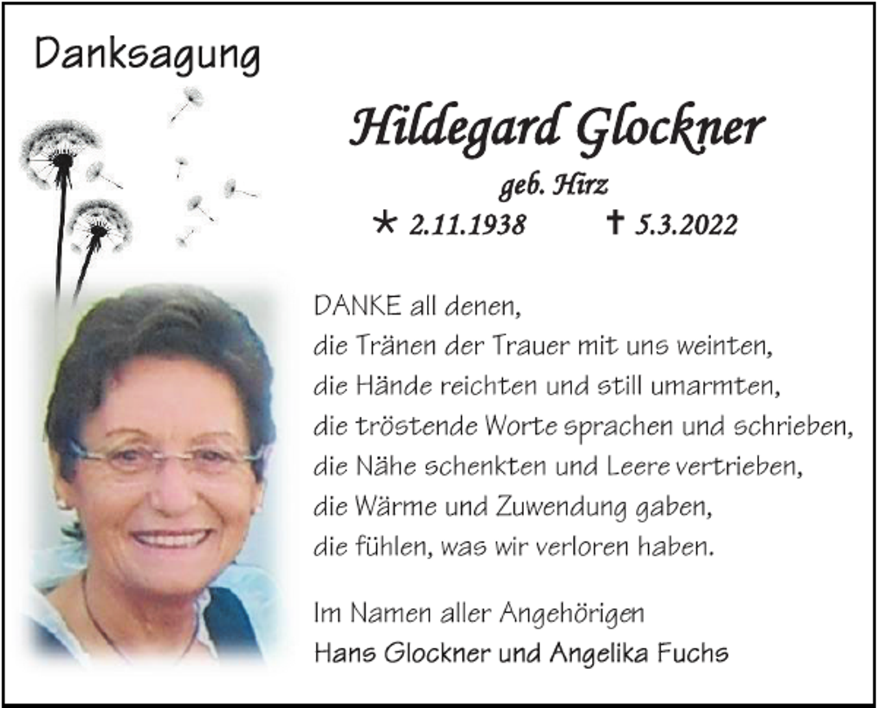 <p>Hildegard Glockner<br />geb. Hirz<br /> 2.11.1938<br /> 5.3.2022</p>