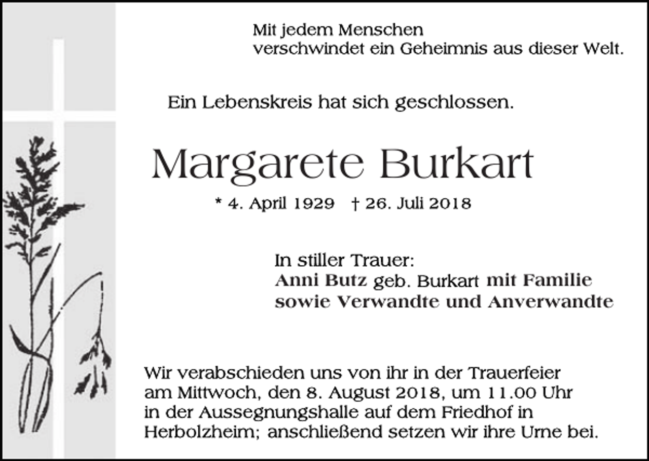 <p>Margarete Burkart<br />Anni Butz<br />mit Familie<br />sowie Verwandte und Anverwandte</p>