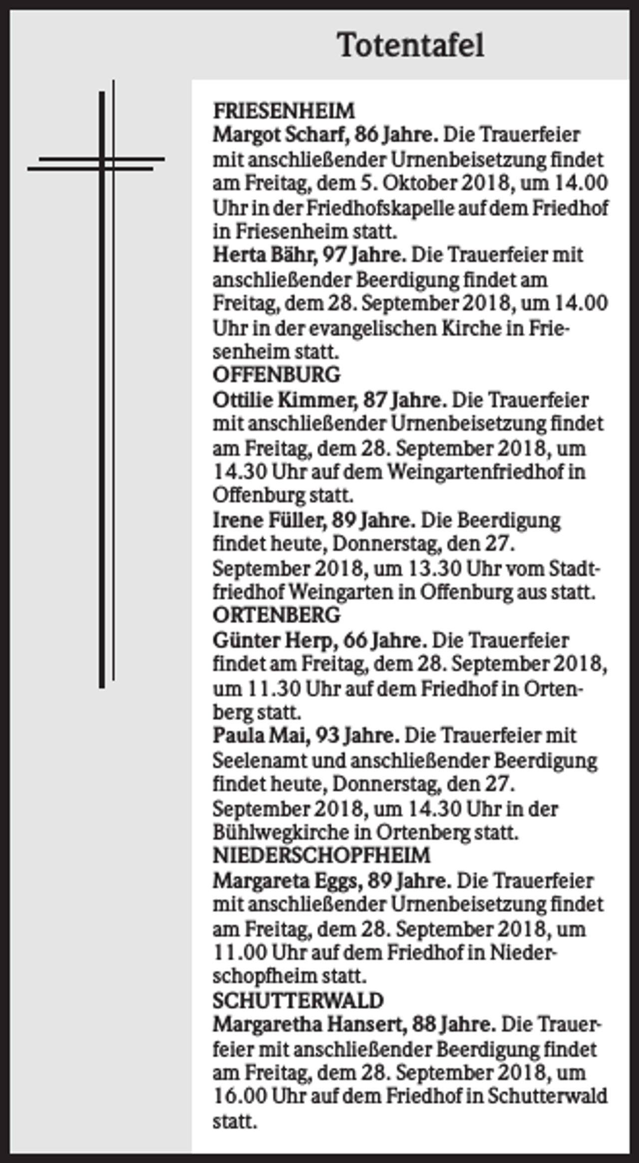 <p>Totentafel<br />FRIESENHEIM<br />Margot Scharf, 86 Jahre. Die Trauerfeier<br />mit anschließender Urnenbeisetzung findet<br />am Freitag, dem 5. Oktober 2018, um 14.00<br />Uhr in der Friedhofskapelle auf dem Friedhof<br />in Friesenheim statt.<br />Herta Bähr, 97 Jahre. Die Trauerfeier mit<br />anschließender Beerdigung findet am<br />Freitag, dem 28. September 2018, um 14.00<br />Uhr in der evangelischen Kirche in Friesenheim statt.<br />OFFENBURG<br />Ottilie Kimmer, 87 Jahre. Die Trauerfeier<br />mit anschließender Urnenbeisetzung findet<br />am Freitag, dem 28. September 2018, um<br />14.30 Uhr auf dem Weingartenfriedhof in<br />Offenburg statt.<br />Irene Füller, 89 Jahre. Die Beerdigung<br />findet heute, Donnerstag, den 27.<br />September 2018, um 13.30 Uhr vom Stadtfriedhof Weingarten in Offenburg aus statt.<br />ORTENBERG<br />Günter Herp, 66 Jahre. Die Trauerfeier<br />findet am Freitag, dem 28. September 2018,<br />um 11.30 Uhr auf dem Friedhof in Ortenberg statt.<br />Paula Mai, 93 Jahre. Die Trauerfeier mit<br />Seelenamt und anschließender Beerdigung<br />findet heute, Donnerstag, den 27.<br />September 2018, um 14.30 Uhr in der<br />Bühlwegkirche in Ortenberg statt.<br />NIEDERSCHOPFHEIM<br />Margareta Eggs, 89 Jahre. Die Trauerfeier<br />mit anschließender Urnenbeisetzung findet<br />am Freitag, dem 28. September 2018, um<br />11.00 Uhr auf dem Friedhof in Niederschopfheim statt.<br />SCHUTTERWALD<br />Margaretha Hansert, 88 Jahre. Die Trauerfeier mit anschließender Beerdigung findet<br />am Freitag, dem 28. September 2018, um<br />16.00 Uhr auf dem Friedhof in Schutterwald<br />statt.</p>