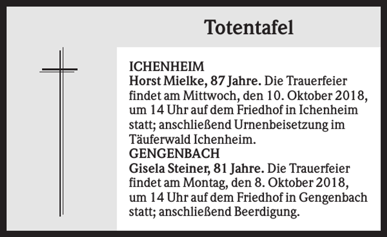 <p>Totentafel<br />ICHENHEIM<br />Horst Mielke, 87 Jahre. Die Trauerfeier<br />findet am Mittwoch, den 10. Oktober 2018,<br />um 14 Uhr auf dem Friedhof in Ichenheim<br />statt; anschließend Urnenbeisetzung im<br />Täuferwald Ichenheim.<br />GENGENBACH<br />Gisela Steiner, 81 Jahre. Die Trauerfeier<br />findet am Montag, den 8. Oktober 2018,<br />um 14 Uhr auf dem Friedhof in Gengenbach<br />statt; anschließend Beerdigung.</p>