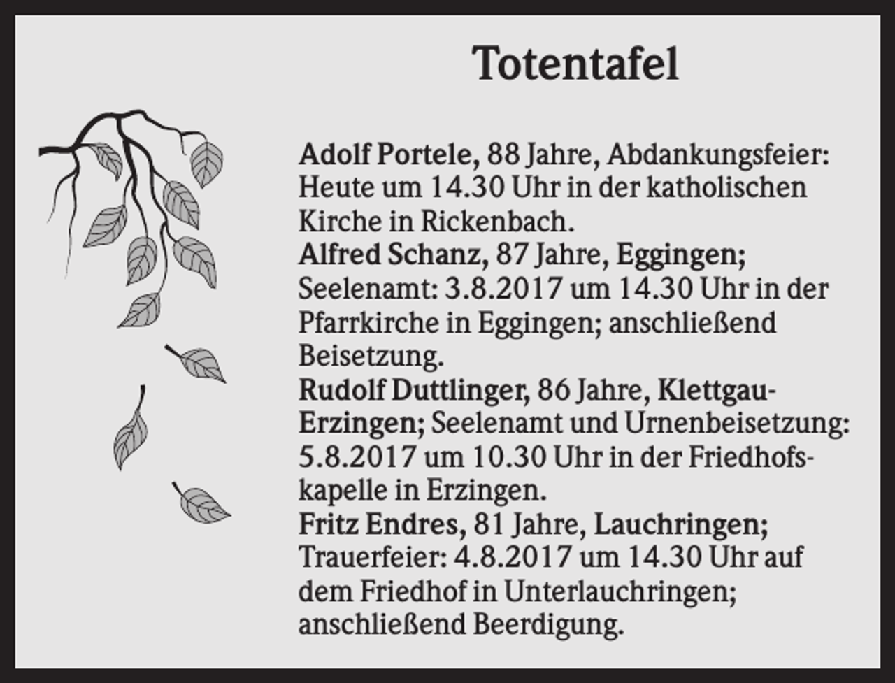 <p>Totentafel<br />Adolf Portele, 88 Jahre, Abdankungsfeier:<br />Heute um 14.30 Uhr in der katholischen<br />Kirche in Rickenbach.<br />Alfred Schanz, 87 Jahre, Eggingen;<br />Seelenamt: 3.8.2017 um 14.30 Uhr in der<br />Pfarrkirche in Eggingen; anschließend<br />Beisetzung.<br />Rudolf Duttlinger, 86 Jahre, KlettgauErzingen; Seelenamt und Urnenbeisetzung:<br />5.8.2017 um 10.30 Uhr in der Friedhofskapelle in Erzingen.<br />Fritz Endres, 81 Jahre, Lauchringen;<br />Trauerfeier: 4.8.2017 um 14.30 Uhr auf<br />dem Friedhof in Unterlauchringen;<br />anschließend Beerdigung.</p>