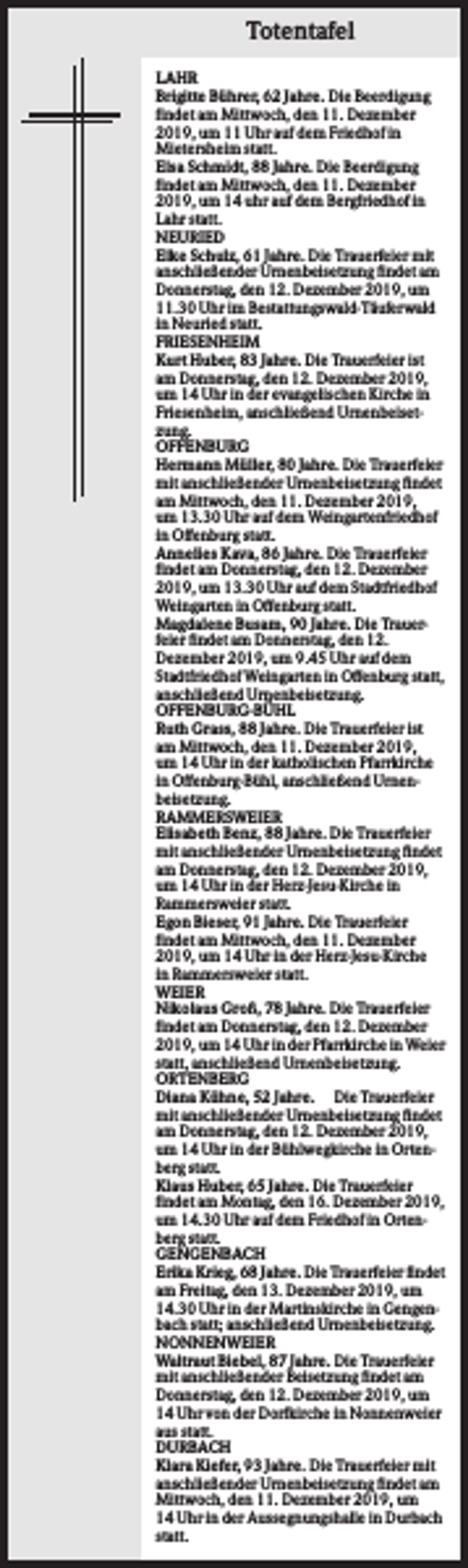 <p>Totentafel<br />LAHR<br />Brigitte Bührer, 62 Jahre. Die Beerdigung<br />findet am Mittwoch, den 11. Dezember<br />2019, um 11 Uhr auf dem Friedhof in<br />Mietersheim statt.<br />Elsa Schmidt, 88 Jahre. Die Beerdigung<br />findet am Mittwoch, den 11. Dezember<br />2019, um 14 uhr auf dem Bergfriedhof in<br />Lahr statt.<br />NEURIED<br />Elke Schulz, 61 Jahre. Die Trauerfeier mit<br />anschließender Urnenbeisetzung findet am<br />Donnerstag, den 12. Dezember 2019, um<br />11.30 Uhr im Bestattungswald-Täuferwald<br />in Neuried statt.<br />FRIESENHEIM<br />Kurt Huber, 83 Jahre. Die Trauerfeier ist<br />am Donnerstag, den 12. Dezember 2019,<br />um 14 Uhr in der evangelischen Kirche in<br />Friesenheim, anschließend Urnenbeisetzung.<br />OFFENBURG<br />Hermann Müller, 80 Jahre. Die Trauerfeier<br />mit anschließender Urnenbeisetzung findet<br />am Mittwoch, den 11. Dezember 2019,<br />um 13.30 Uhr auf dem Weingartenfriedhof<br />in Offenburg statt.<br />Annelies Kava, 86 Jahre. Die Trauerfeier<br />findet am Donnerstag, den 12. Dezember<br />2019, um 13.30 Uhr auf dem Stadtfriedhof<br />Weingarten in Offenburg statt.<br />Magdalene Busam, 90 Jahre. Die Trauerfeier findet am Donnerstag, den 12.<br />Dezember 2019, um 9.45 Uhr auf dem<br />Stadtfriedhof Weingarten in Offenburg statt,<br />anschließend Urnenbeisetzung.<br />OFFENBURG-BÜHL<br />Ruth Grass, 88 Jahre. Die Trauerfeier ist<br />am Mittwoch, den 11. Dezember 2019,<br />um 14 Uhr in der katholischen Pfarrkirche<br />in Offenburg-Bühl, anschließend Urnenbeisetzung.<br />RAMMERSWEIER<br />Elisabeth Benz, 88 Jahre. Die Trauerfeier<br />mit anschließender Urnenbeisetzung findet<br />am Donnerstag, den 12. Dezember 2019,<br />um 14 Uhr in der Herz-Jesu-Kirche in<br />Rammersweier statt.<br />Egon Bieser, 91 Jahre. Die Trauerfeier<br />findet am Mittwoch, den 11. Dezember<br />2019, um 14 Uhr in der Herz-Jesu-Kirche<br />in Rammersweier statt.<br />WEIER<br />Nikolaus Groß, 78 Jahre. Die Trauerfeier<br />findet am Donnerstag, den 12. Dezember<br />2019, um 14 Uhr in der Pfarrkirche in Weier<br />statt, anschließend Urnenbeisetzung.<br />ORTENBERG<br />Diana Kühne, 52 Jahre. Die Trauerfeier<br />mit anschließender Urnenbeisetzung findet<br />am Donnerstag, den 12. Dezember 2019,<br />um 14 Uhr in der Bühlwegkirche in Ortenberg statt.<br />Klaus Huber, 65 Jahre. Die Trauerfeier<br />findet am Montag, den 16. Dezember 2019,<br />um 14.30 Uhr auf dem Friedhof in Ortenberg statt.<br />GENGENBACH<br />Erika Krieg, 68 Jahre. Die Trauerfeier findet<br />am Freitag, den 13. Dezember 2019, um<br />14.30 Uhr in der Martinskirche in Gengenbach statt; anschließend Urnenbeisetzung.<br />NONNENWEIER<br />Waltraut Biebel, 87 Jahre. Die Trauerfeier<br />mit anschließender Beisetzung findet am<br />Donnerstag, den 12. Dezember 2019, um<br />14 Uhr von der Dorfkirche in Nonnenweier<br />aus statt.<br />DURBACH<br />Klara Kiefer, 93 Jahre. Die Trauerfeier mit<br />anschließender Urnenbeisetzung findet am<br />Mittwoch, den 11. Dezember 2019, um<br />14 Uhr in der Aussegnungshalle in Durbach<br />statt.</p>