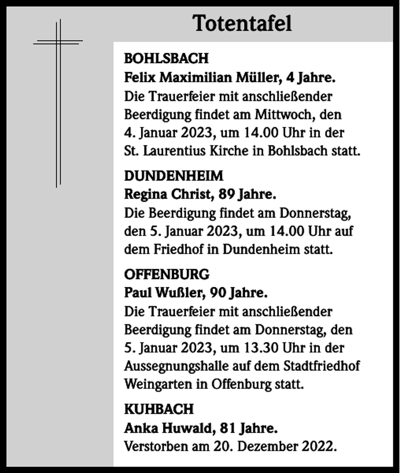 <p>Totentafel<br />Totentafel<br />BOHLSBACH<br />Felix Maximilian Müller, 4 Jahre.<br />Die Trauerfeier mit anschließender<br />Beerdigung findet am Mittwoch, den<br />4. Januar 2023, um 14.00 Uhr in der<br />St. Laurentius Kirche in Bohlsbach statt.<br />DUNDENHEIM<br />Regina Christ, 89 Jahre.<br />Die Beerdigung findet am Donnerstag,<br />den 5. Januar 2023, um 14.00 Uhr auf<br />dem Friedhof in Dundenheim statt.<br />OFFENBURG<br />Paul Wußler, 90 Jahre.<br />Die Trauerfeier mit anschließender<br />Beerdigung findet am Donnerstag, den<br />5. Januar 2023, um 13.30 Uhr in der<br />Aussegnungshalle auf dem Stadtfriedhof<br />Weingarten in Offenburg statt.<br />KUHBACH<br />Anka Huwald, 81 Jahre.<br />Verstorben am 20. Dezember 2022.</p>