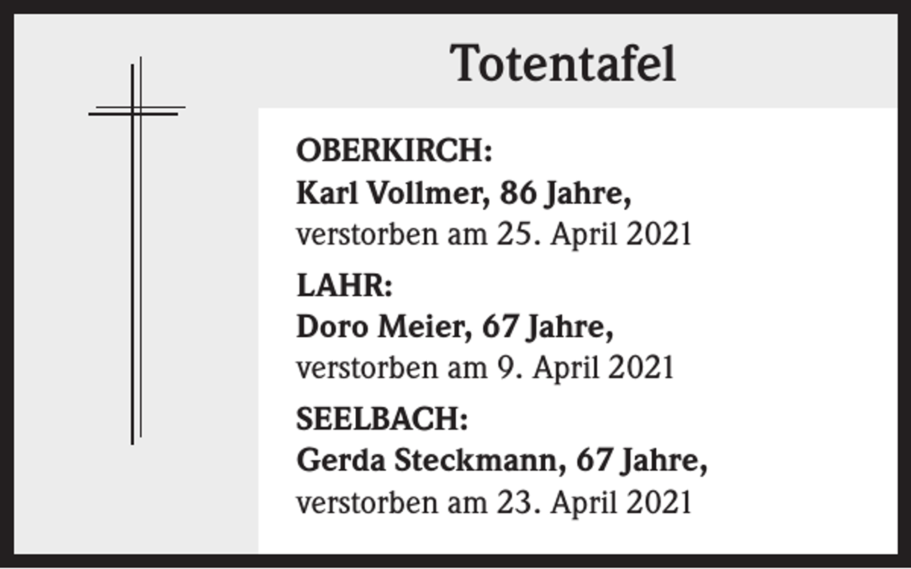 <p>Totentafel<br />OBERKIRCH:<br />Karl Vollmer, 86 Jahre,<br />verstorben am 25. April 2021<br />LAHR:<br />Doro Meier, 67 Jahre,<br />verstorben am 9. April 2021<br />SEELBACH:<br />Gerda Steckmann, 67 Jahre,<br />verstorben am 23. April 2021</p>