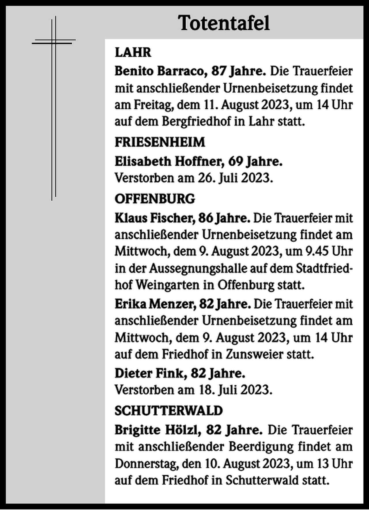 <p>Totentafel<br />Totentafel<br />LAHR<br />Benito Barraco, 87 Jahre. Die Trauerfeier<br />mit anschließender Urnenbeisetzung findet<br />am Freitag, dem 11. August 2023, um 14 Uhr<br />auf dem Bergfriedhof in Lahr statt.<br />FRIESENHEIM<br />Elisabeth Hoffner, 69 Jahre.<br />Verstorben am 26. Juli 2023.<br />OFFENBURG<br />Klaus Fischer, 86 Jahre. Die Trauerfeier mit<br />anschließender Urnenbeisetzung findet am<br />Mittwoch, dem 9. August 2023, um 9.45 Uhr<br />in der Aussegnungshalle auf dem Stadtfriedhof Weingarten in Offenburg statt.<br />Erika Menzer, 82 Jahre. Die Trauerfeier mit<br />anschließender Urnenbeisetzung findet am<br />Mittwoch, dem 9. August 2023, um 14 Uhr<br />auf dem Friedhof in Zunsweier statt.<br />Dieter Fink, 82 Jahre.<br />Verstorben am 18. Juli 2023.<br />SCHUTTERWALD<br />Brigitte Hölzl, 82 Jahre. Die Trauerfeier<br />mit anschließender Beerdigung findet am<br />Donnerstag, den 10. August 2023, um 13 Uhr<br />auf dem Friedhof in Schutterwald statt.</p>