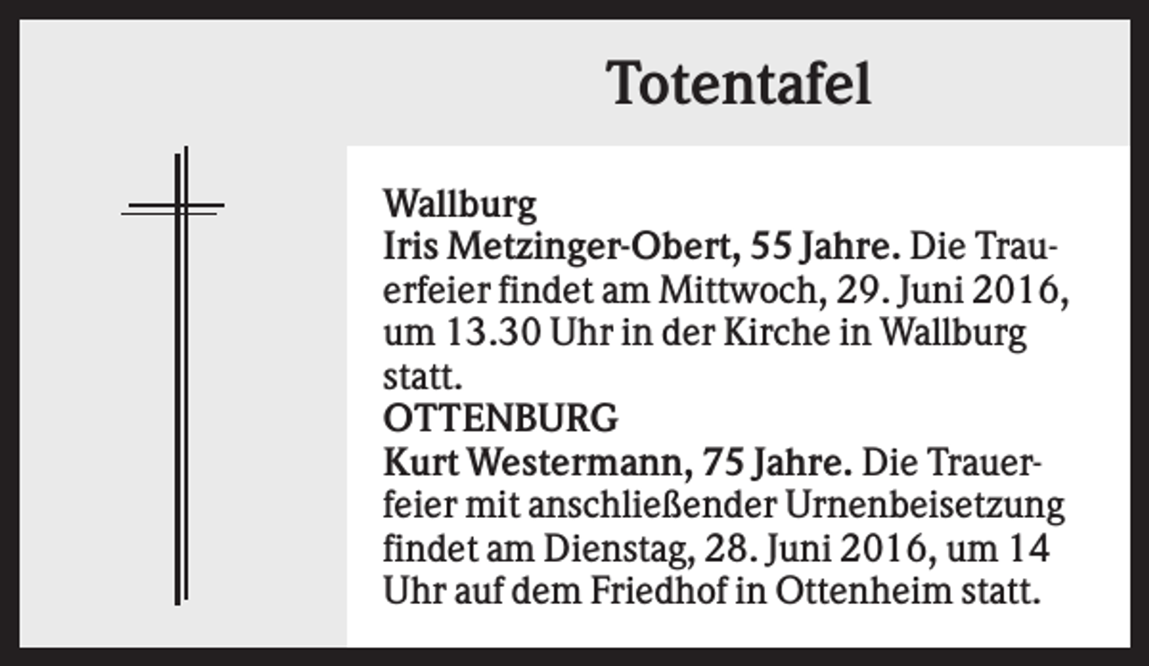 <p>Totentafel<br />Wallburg<br />Iris Metzinger-Obert, 55 Jahre. Die Trauerfeier findet am Mittwoch, 29. Juni 2016,<br />um 13.30 Uhr in der Kirche in Wallburg<br />statt.<br />OTTENBURG<br />Kurt Westermann, 75 Jahre. Die Trauerfeier mit anschließender Urnenbeisetzung<br />findet am Dienstag, 28. Juni 2016, um 14<br />Uhr auf dem Friedhof in Ottenheim statt.</p>