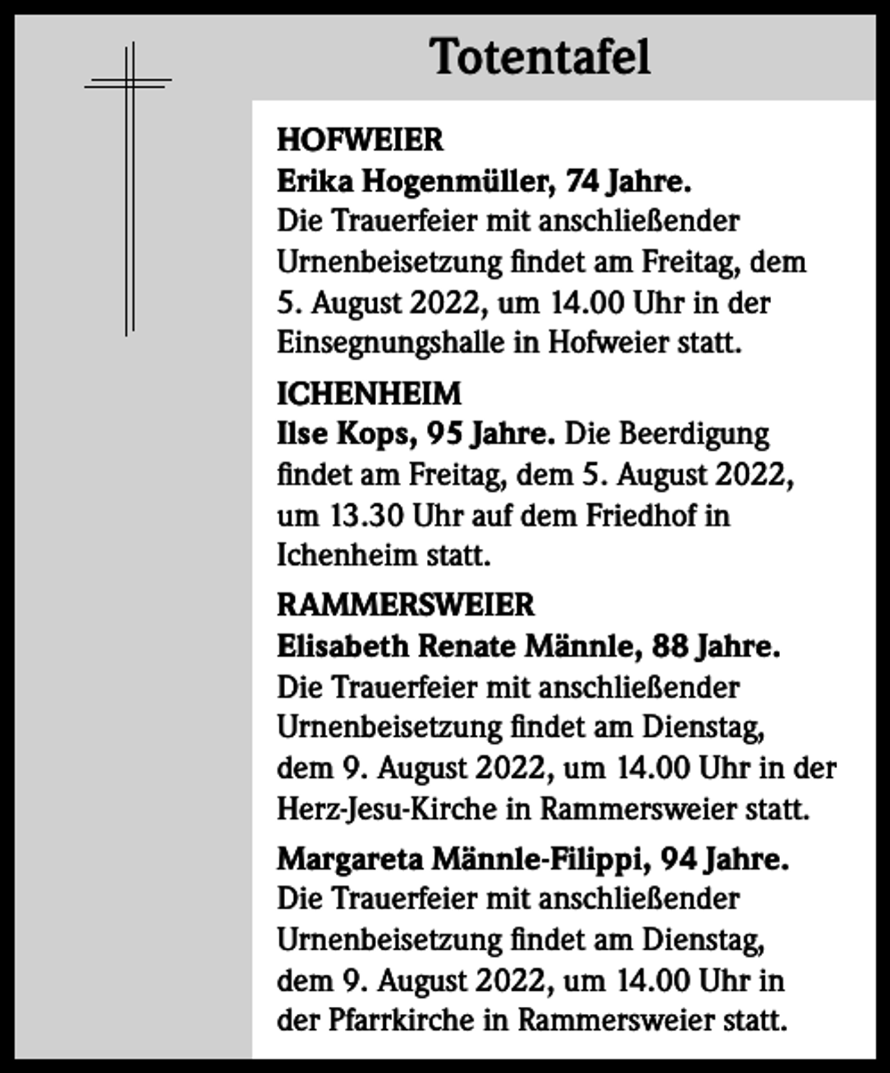 <p>Totentafel<br />Totentafel<br />HOFWEIER<br />Erika Hogenmüller, 74 Jahre.<br />Die Trauerfeier mit anschließender<br />Urnenbeisetzung findet am Freitag, dem<br />5. August 2022, um 14.00 Uhr in der<br />Einsegnungshalle in Hofweier statt.<br />ICHENHEIM<br />Ilse Kops, 95 Jahre. Die Beerdigung<br />findet am Freitag, dem 5. August 2022,<br />um 13.30 Uhr auf dem Friedhof in<br />Ichenheim statt.<br />RAMMERSWEIER<br />Elisabeth Renate Männle, 88 Jahre.<br />Die Trauerfeier mit anschließender<br />Urnenbeisetzung findet am Dienstag,<br />dem 9. August 2022, um 14.00 Uhr in der<br />Herz-Jesu-Kirche in Rammersweier statt.<br />Margareta Männle-Filippi, 94 Jahre.<br />Die Trauerfeier mit anschließender<br />Urnenbeisetzung findet am Dienstag,<br />dem 9. August 2022, um 14.00 Uhr in<br />der Pfarrkirche in Rammersweier statt.</p>