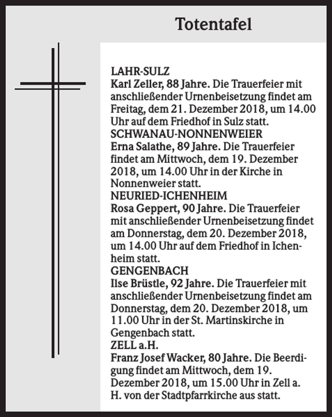 <p>Totentafel<br />LAHR-SULZ<br />Karl Zeller, 88 Jahre. Die Trauerfeier mit<br />anschließender Urnenbeisetzung findet am<br />Freitag, dem 21. Dezember 2018, um 14.00<br />Uhr auf dem Friedhof in Sulz statt.<br />SCHWANAU-NONNENWEIER<br />Erna Salathe, 89 Jahre. Die Trauerfeier<br />findet am Mittwoch, dem 19. Dezember<br />2018, um 14.00 Uhr in der Kirche in<br />Nonnenweier statt.<br />NEURIED-ICHENHEIM<br />Rosa Geppert, 90 Jahre. Die Trauerfeier<br />mit anschließender Urnenbeisetzung findet<br />am Donnerstag, dem 20. Dezember 2018,<br />um 14.00 Uhr auf dem Friedhof in Ichenheim statt.<br />GENGENBACH<br />Ilse Brüstle, 92 Jahre. Die Trauerfeier mit<br />anschließender Urnenbeisetzung findet am<br />Donnerstag, dem 20. Dezember 2018, um<br />11.00 Uhr in der St. Martinskirche in<br />Gengenbach statt.<br />ZELL a.H.<br />Franz Josef Wacker, 80 Jahre. Die Beerdigung findet am Mittwoch, dem 19.<br />Dezember 2018, um 15.00 Uhr in Zell a.<br />H. von der Stadtpfarrkirche aus statt.</p>