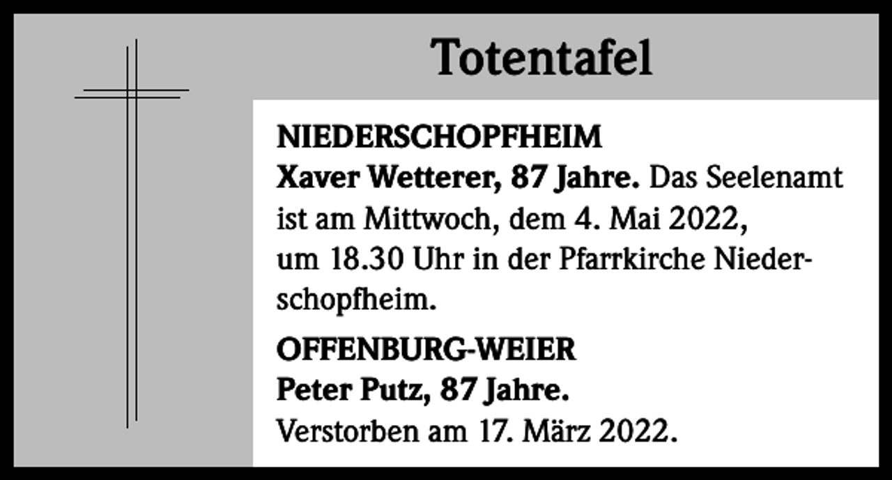 <p>Totentafel<br />Totentafel<br />NIEDERSCHOPFHEIM<br />Xaver Wetterer, 87 Jahre. Das Seelenamt<br />ist am Mittwoch, dem 4. Mai 2022,<br />um 18.30 Uhr in der Pfarrkirche Niederschopfheim.<br />OFFENBURG-WEIER<br />Peter Putz, 87 Jahre.<br />Verstorben am 17. März 2022.</p>