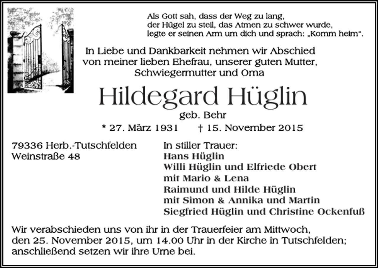 <p>Hildegard Hüglin<br />Hans Hüglin<br />Willi Hüglin und Elfriede Obert<br />mit Mario &amp; Lena<br />Raimund und Hilde Hüglin<br />mit Simon &amp; Annika und Martin<br />Siegfried Hüglin und Christine Ockenfuß</p>