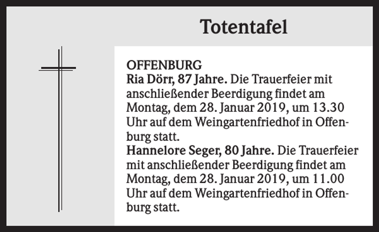 <p>Totentafel<br />OFFENBURG<br />Ria Dörr, 87 Jahre. Die Trauerfeier mit<br />anschließender Beerdigung findet am<br />Montag, dem 28. Januar 2019, um 13.30<br />Uhr auf dem Weingartenfriedhof in Offenburg statt.<br />Hannelore Seger, 80 Jahre. Die Trauerfeier<br />mit anschließender Beerdigung findet am<br />Montag, dem 28. Januar 2019, um 11.00<br />Uhr auf dem Weingartenfriedhof in Offenburg statt.</p>