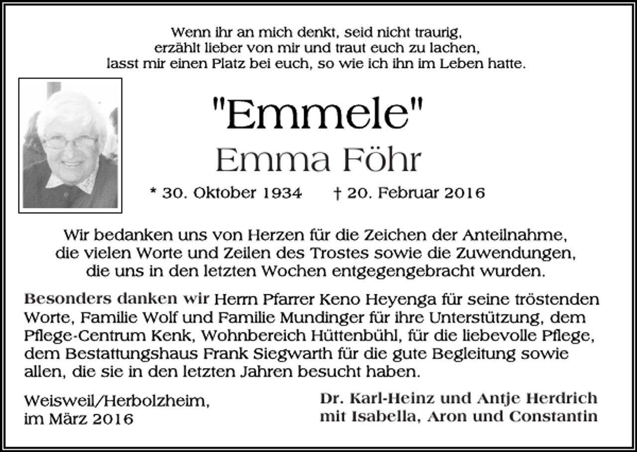 <p>Emma Föhr</p><p>Besonders danken wir</p><p>Dr. Karl-Heinz und Antje Herdrich<br />mit Isabella, Aron und Constantin</p>