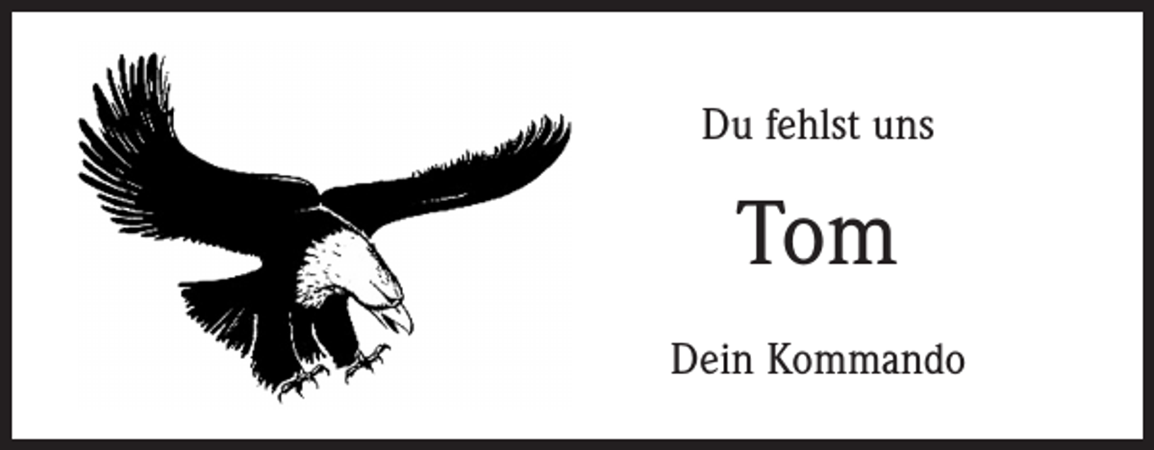 <p>Du fehlst uns</p><p>Tom<br />Dein Kommando</p>