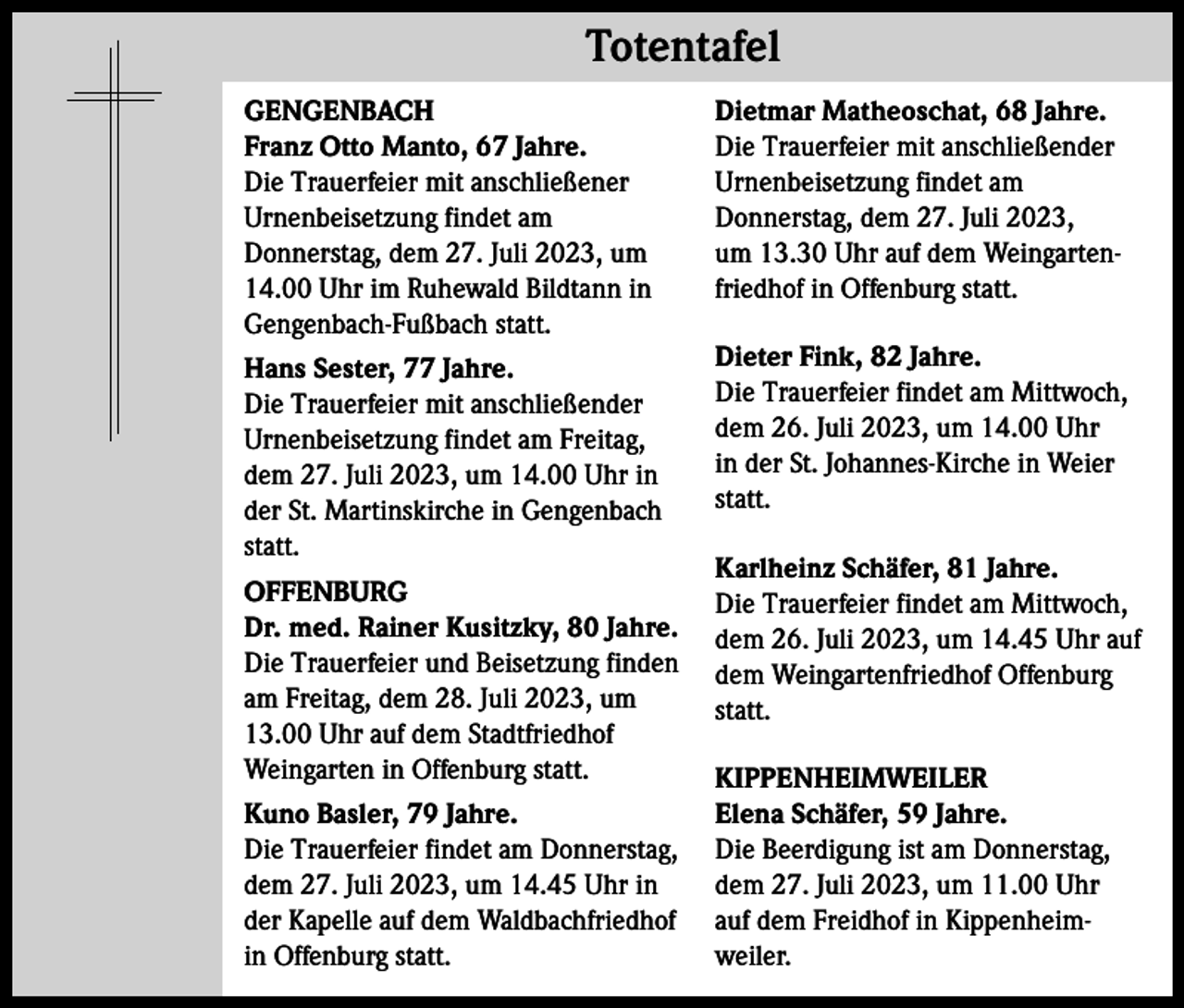<p>Totentafel Totentafel<br />GENGENBACH<br />Franz Otto Manto, 67 Jahre.<br />Die Trauerfeier mit anschließener<br />Urnenbeisetzung findet am<br />Donnerstag, dem 27. Juli 2023, um<br />14.00 Uhr im Ruhewald Bildtann in<br />Gengenbach-Fußbach statt.<br />Hans Sester, 77 Jahre.<br />Die Trauerfeier mit anschließender<br />Urnenbeisetzung findet am Freitag,<br />dem 27. Juli 2023, um 14.00 Uhr in<br />der St. Martinskirche in Gengenbach<br />statt.<br />OFFENBURG<br />Dr. med. Rainer Kusitzky, 80 Jahre.<br />Die Trauerfeier und Beisetzung finden<br />am Freitag, dem 28. Juli 2023, um<br />13.00 Uhr auf dem Stadtfriedhof<br />Weingarten in Offenburg statt.<br />Kuno Basler, 79 Jahre.<br />Die Trauerfeier findet am Donnerstag,<br />dem 27. Juli 2023, um 14.45 Uhr in<br />der Kapelle auf dem Waldbachfriedhof<br />in Offenburg statt.</p><p>Dietmar Matheoschat, 68 Jahre.<br />Die Trauerfeier mit anschließender<br />Urnenbeisetzung findet am<br />Donnerstag, dem 27. Juli 2023,<br />um 13.30 Uhr auf dem Weingartenfriedhof in Offenburg statt.<br />Dieter Fink, 82 Jahre.<br />Die Trauerfeier findet am Mittwoch,<br />dem 26. Juli 2023, um 14.00 Uhr<br />in der St. Johannes-Kirche in Weier<br />statt.<br />Karlheinz Schäfer, 81 Jahre.<br />Die Trauerfeier findet am Mittwoch,<br />dem 26. Juli 2023, um 14.45 Uhr auf<br />dem Weingartenfriedhof Offenburg<br />statt.<br />KIPPENHEIMWEILER<br />Elena Schäfer, 59 Jahre.<br />Die Beerdigung ist am Donnerstag,<br />dem 27. Juli 2023, um 11.00 Uhr<br />auf dem Freidhof in Kippenheimweiler.</p>