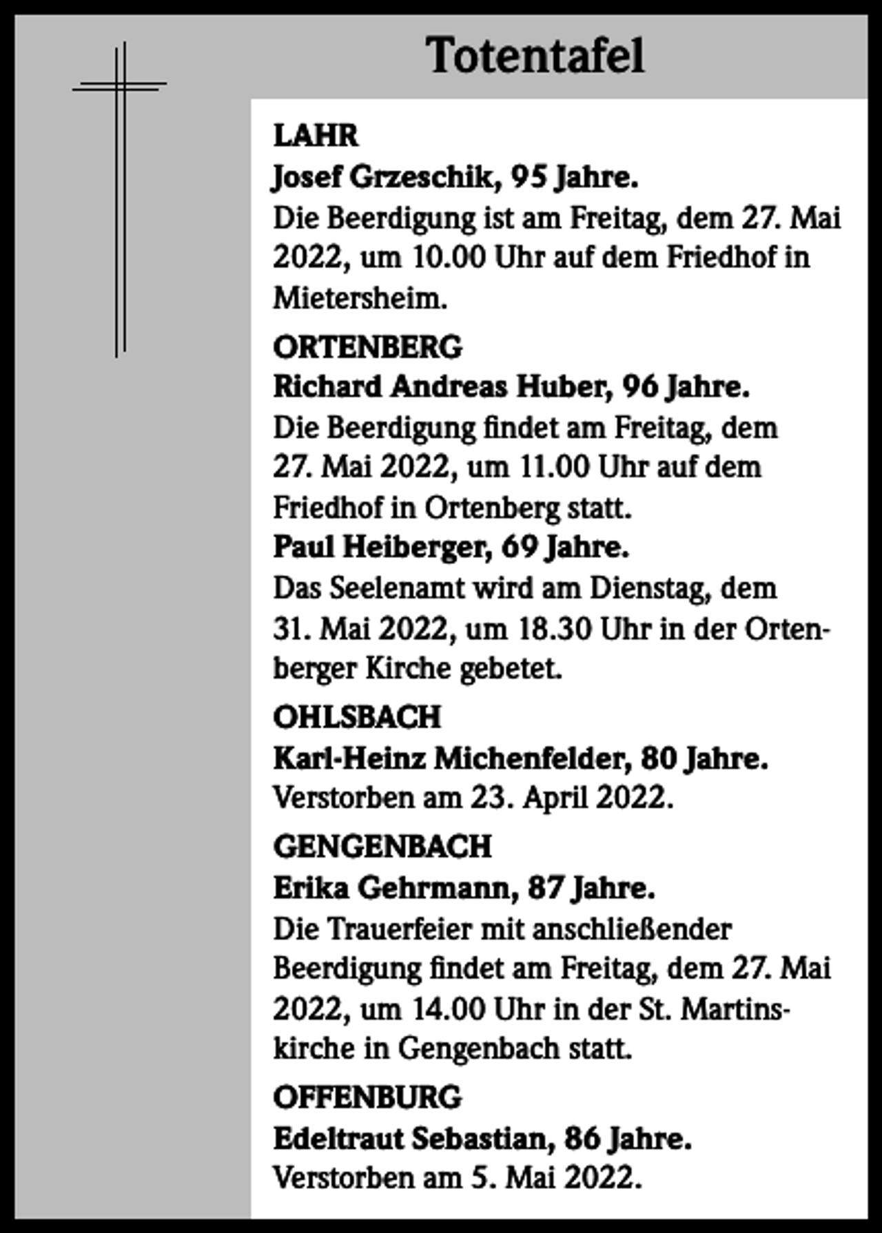<p>Totentafel<br />Totentafel<br />LAHR<br />Josef Grzeschik, 95 Jahre.<br />Die Beerdigung ist am Freitag, dem 27. Mai<br />2022, um 10.00 Uhr auf dem Friedhof in<br />Mietersheim.<br />ORTENBERG<br />Richard Andreas Huber, 96 Jahre.<br />Die Beerdigung findet am Freitag, dem<br />27. Mai 2022, um 11.00 Uhr auf dem<br />Friedhof in Ortenberg statt.<br />Paul Heiberger, 69 Jahre.<br />Das Seelenamt wird am Dienstag, dem<br />31. Mai 2022, um 18.30 Uhr in der Ortenberger Kirche gebetet.<br />OHLSBACH<br />Karl-Heinz Michenfelder, 80 Jahre.<br />Verstorben am 23. April 2022.<br />GENGENBACH<br />Erika Gehrmann, 87 Jahre.<br />Die Trauerfeier mit anschließender<br />Beerdigung findet am Freitag, dem 27. Mai<br />2022, um 14.00 Uhr in der St. Martinskirche in Gengenbach statt.<br />OFFENBURG<br />Edeltraut Sebastian, 86 Jahre.<br />Verstorben am 5. Mai 2022.</p>