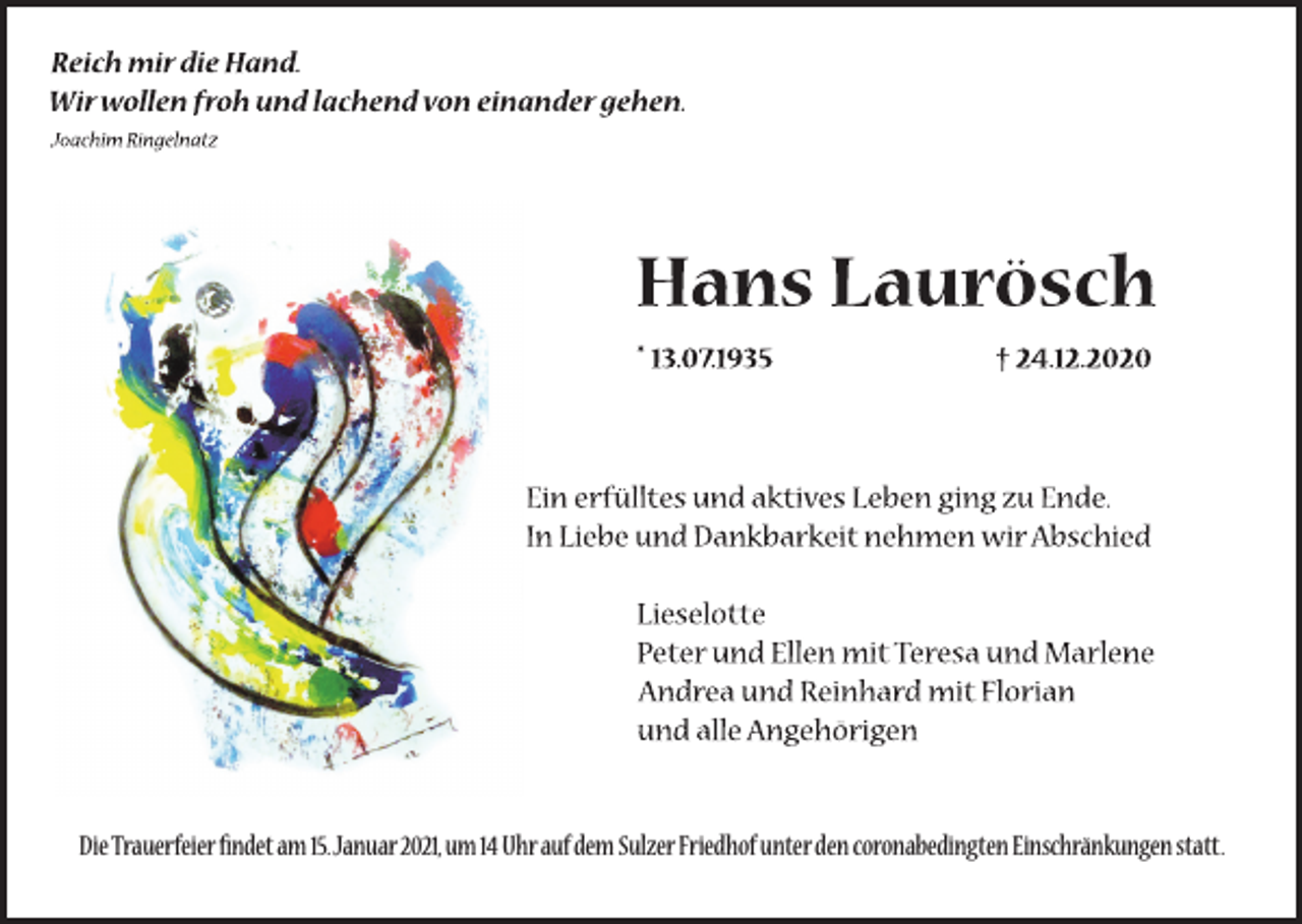 <p>Die Trauerfeier findet am 15. Januar 2021, um 14 Uhr auf dem Sulzer Friedhof unter den coronabedingten Einschränkungen statt.</p>