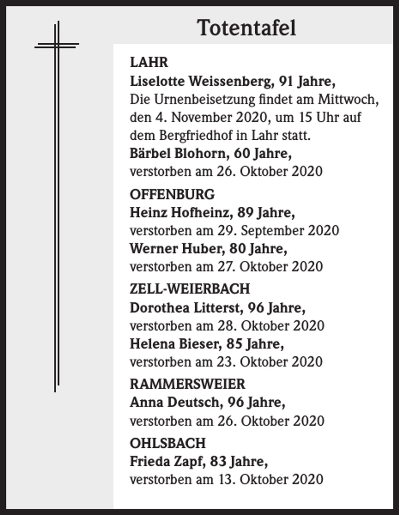 <p>Totentafel<br />LAHR<br />Liselotte Weissenberg, 91 Jahre,<br />Die Urnenbeisetzung findet am Mittwoch,<br />den 4. November 2020, um 15 Uhr auf<br />dem Bergfriedhof in Lahr statt.<br />Bärbel Blohorn, 60 Jahre,<br />verstorben am 26. Oktober 2020<br />OFFENBURG<br />Heinz Hofheinz, 89 Jahre,<br />verstorben am 29. September 2020<br />Werner Huber, 80 Jahre,<br />verstorben am 27. Oktober 2020<br />ZELL-WEIERBACH<br />Dorothea Litterst, 96 Jahre,<br />verstorben am 28. Oktober 2020<br />Helena Bieser, 85 Jahre,<br />verstorben am 23. Oktober 2020<br />RAMMERSWEIER<br />Anna Deutsch, 96 Jahre,<br />verstorben am 26. Oktober 2020<br />OHLSBACH<br />Frieda Zapf, 83 Jahre,<br />verstorben am 13. Oktober 2020</p>