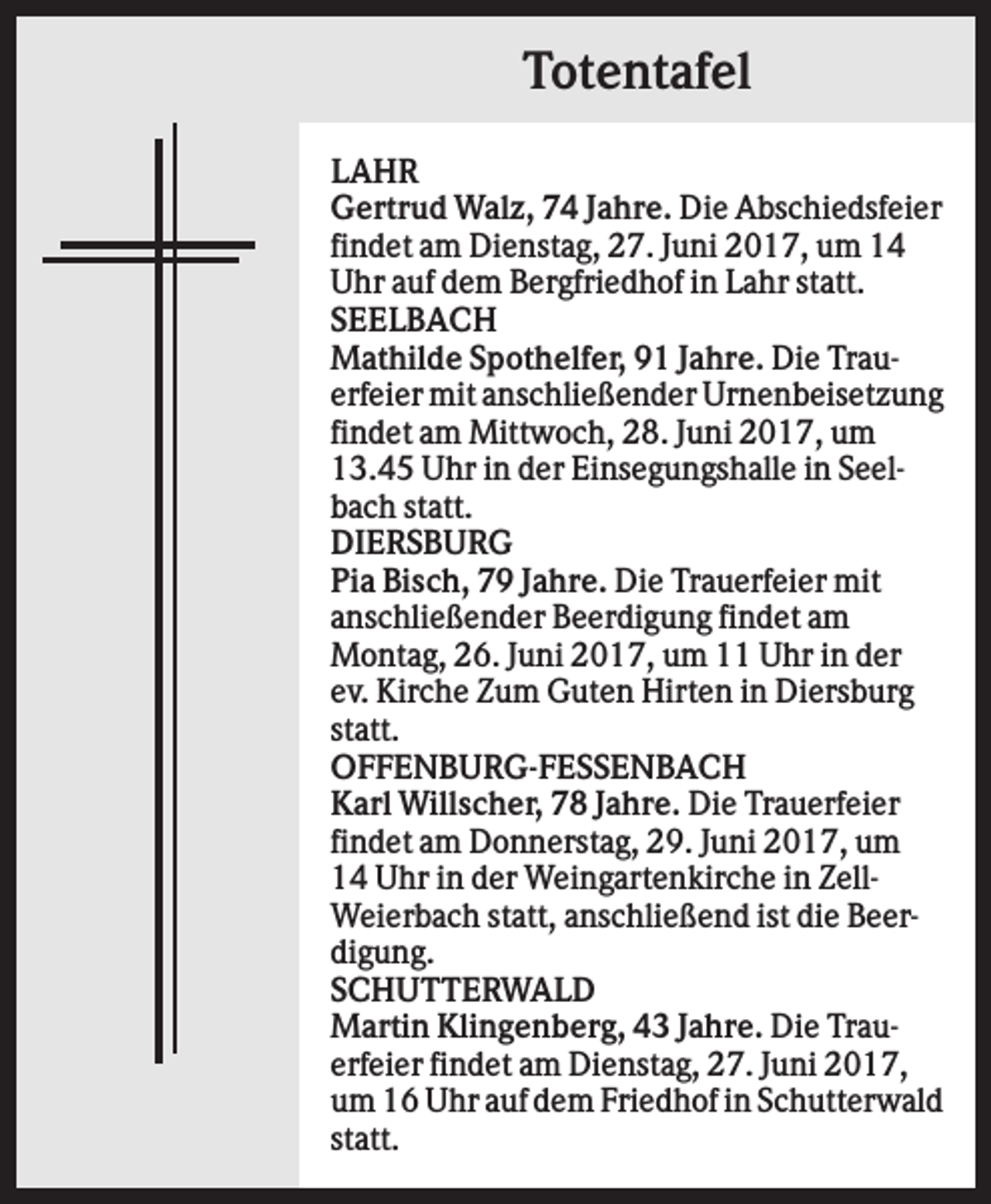 <p>Totentafel<br />LAHR<br />Gertrud Walz, 74 Jahre. Die Abschiedsfeier<br />findet am Dienstag, 27. Juni 2017, um 14<br />Uhr auf dem Bergfriedhof in Lahr statt.<br />SEELBACH<br />Mathilde Spothelfer, 91 Jahre. Die Trauerfeier mit anschließender Urnenbeisetzung<br />findet am Mittwoch, 28. Juni 2017, um<br />13.45 Uhr in der Einsegungshalle in Seelbach statt.<br />DIERSBURG<br />Pia Bisch, 79 Jahre. Die Trauerfeier mit<br />anschließender Beerdigung findet am<br />Montag, 26. Juni 2017, um 11 Uhr in der<br />ev. Kirche Zum Guten Hirten in Diersburg<br />statt.<br />OFFENBURG-FESSENBACH<br />Karl Willscher, 78 Jahre. Die Trauerfeier<br />findet am Donnerstag, 29. Juni 2017, um<br />14 Uhr in der Weingartenkirche in ZellWeierbach statt, anschließend ist die Beerdigung.<br />SCHUTTERWALD<br />Martin Klingenberg, 43 Jahre. Die Trauerfeier findet am Dienstag, 27. Juni 2017,<br />um 16 Uhr auf dem Friedhof in Schutterwald<br />statt.</p>