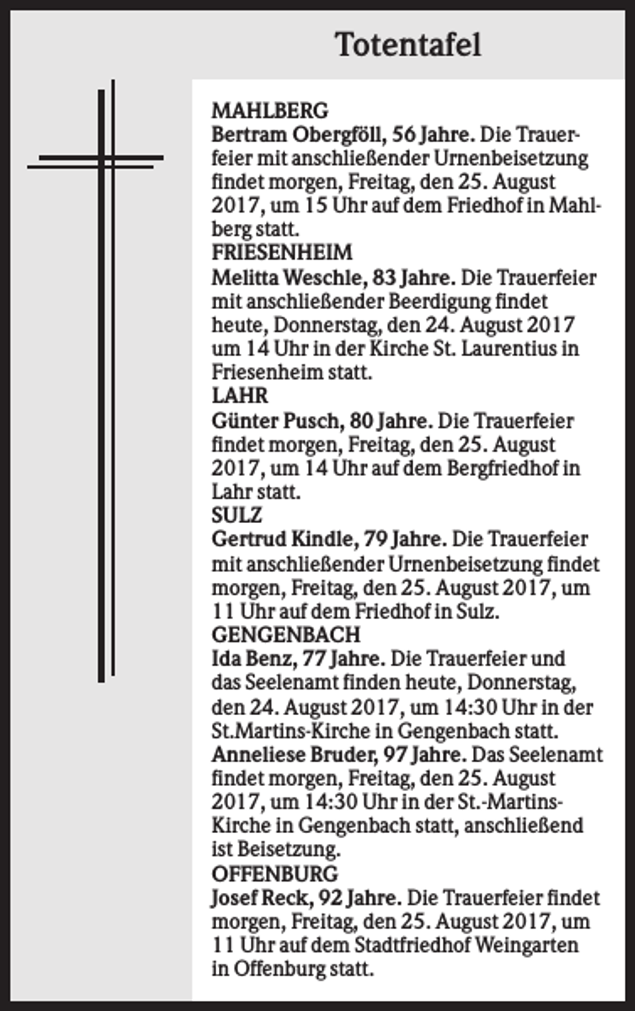 <p>Totentafel<br />MAHLBERG<br />Bertram Obergföll, 56 Jahre. Die Trauerfeier mit anschließender Urnenbeisetzung<br />findet morgen, Freitag, den 25. August<br />2017, um 15 Uhr auf dem Friedhof in Mahlberg statt.<br />FRIESENHEIM<br />Melitta Weschle, 83 Jahre. Die Trauerfeier<br />mit anschließender Beerdigung findet<br />heute, Donnerstag, den 24. August 2017<br />um 14 Uhr in der Kirche St. Laurentius in<br />Friesenheim statt.<br />LAHR<br />Günter Pusch, 80 Jahre. Die Trauerfeier<br />findet morgen, Freitag, den 25. August<br />2017, um 14 Uhr auf dem Bergfriedhof in<br />Lahr statt.<br />SULZ<br />Gertrud Kindle, 79 Jahre. Die Trauerfeier<br />mit anschließender Urnenbeisetzung findet<br />morgen, Freitag, den 25. August 2017, um<br />11 Uhr auf dem Friedhof in Sulz.<br />GENGENBACH<br />Ida Benz, 77 Jahre. Die Trauerfeier und<br />das Seelenamt finden heute, Donnerstag,<br />den 24. August 2017, um 14:30 Uhr in der<br />St.Martins-Kirche in Gengenbach statt.<br />Anneliese Bruder, 97 Jahre. Das Seelenamt<br />findet morgen, Freitag, den 25. August<br />2017, um 14:30 Uhr in der St.-MartinsKirche in Gengenbach statt, anschließend<br />ist Beisetzung.<br />OFFENBURG<br />Josef Reck, 92 Jahre. Die Trauerfeier findet<br />morgen, Freitag, den 25. August 2017, um<br />11 Uhr auf dem Stadtfriedhof Weingarten<br />in Offenburg statt.</p>