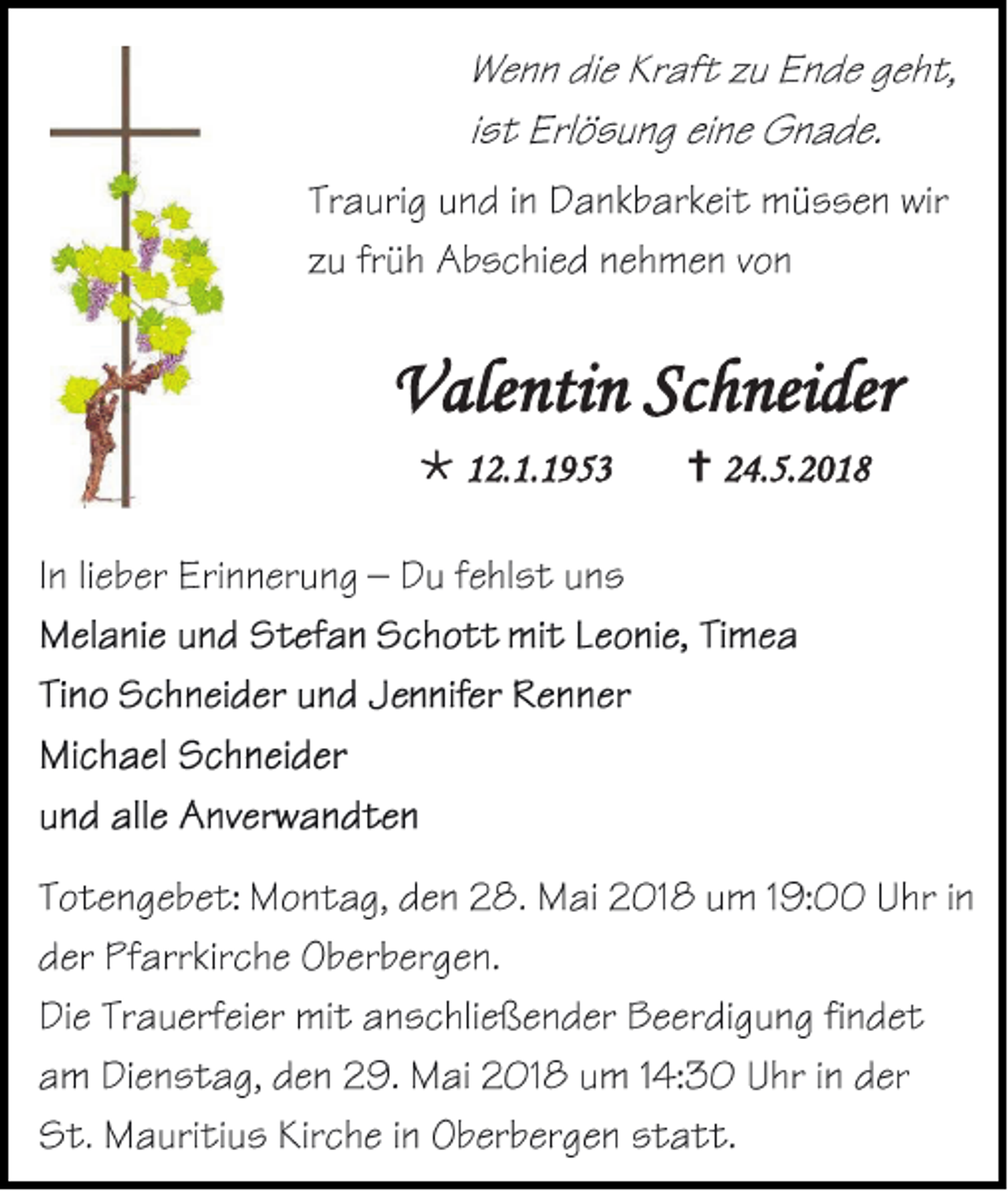 <p>VValentin<br />ale nti n ScSchneider<br />h nei der<br /> 112.1.1953<br />2. 1. 1 9 5 3</p><p> 224.5.2018<br />4. 5. 2 0 1 8</p>