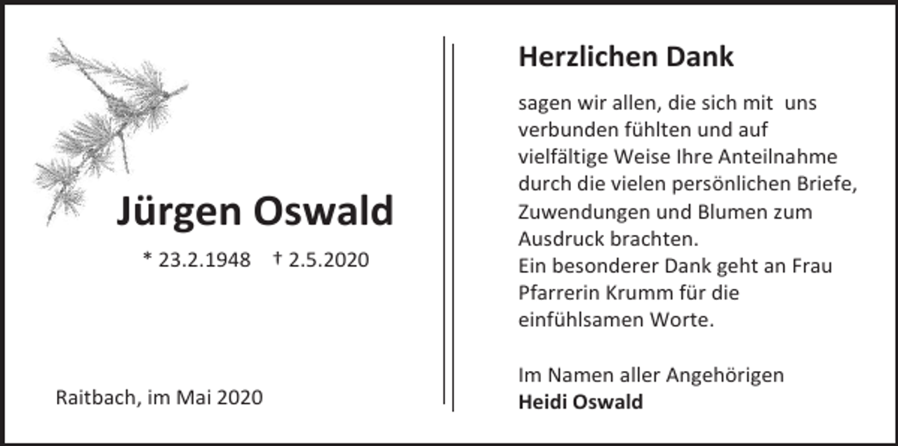 <p>Herzlichen Dank</p><p>Jürgen Oswald<br />* 23.2.1948 † 2.5.2020</p><p>Raitbach, im Mai 2020</p><p>sagen wir allen, die sich mit uns<br />verbunden fühlten und auf<br />vielfältige Weise Ihre Anteilnahme<br />durch die vielen persönlichen Briefe,<br />Zuwendungen und Blumen zum<br />Ausdruck brachten.<br />Ein besonderer Dank geht an Frau<br />Pfarrerin Krumm für die<br />einfühlsamen Worte.<br />Im Namen aller Angehörigen<br />Heidi Oswald</p>