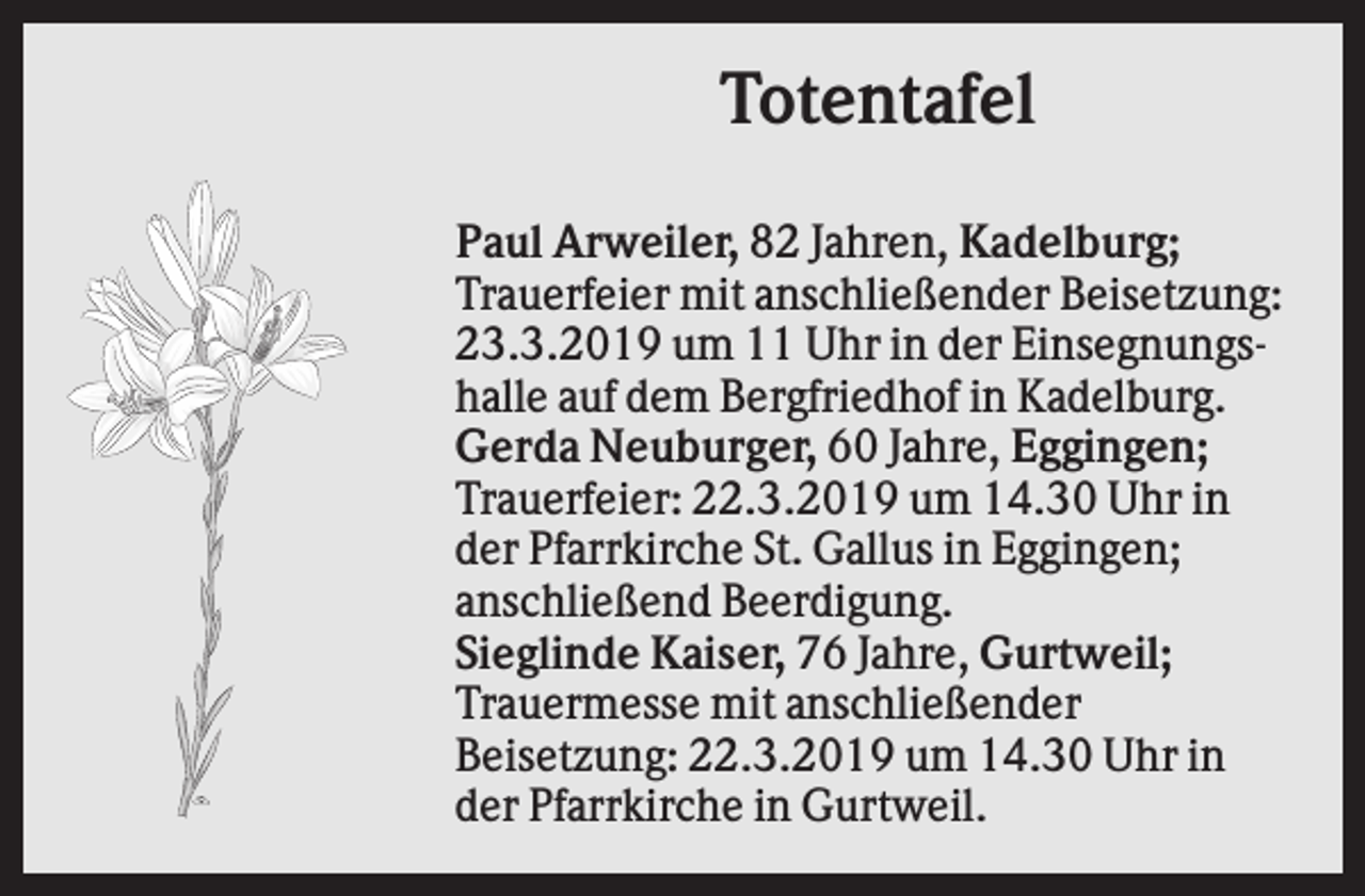 <p>Totentafel<br />Paul Arweiler, 82 Jahren, Kadelburg;<br />Trauerfeier mit anschließender Beisetzung:<br />23.3.2019 um 11 Uhr in der Einsegnungshalle auf dem Bergfriedhof in Kadelburg.<br />Gerda Neuburger, 60 Jahre, Eggingen;<br />Trauerfeier: 22.3.2019 um 14.30 Uhr in<br />der Pfarrkirche St. Gallus in Eggingen;<br />anschließend Beerdigung.<br />Sieglinde Kaiser, 76 Jahre, Gurtweil;<br />Trauermesse mit anschließender<br />Beisetzung: 22.3.2019 um 14.30 Uhr in<br />der Pfarrkirche in Gurtweil.</p>