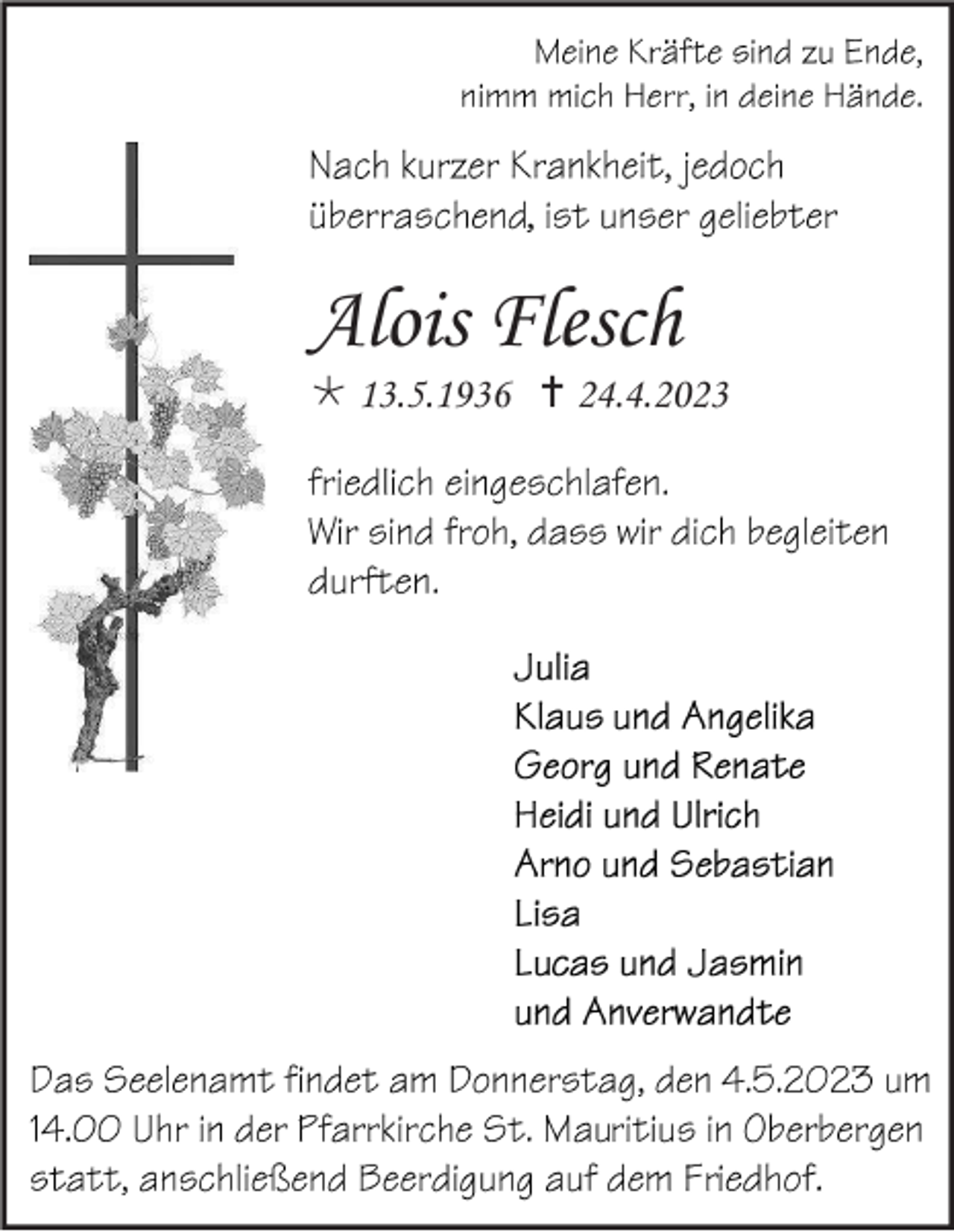 <p>Alois Flesch<br /> 13.5.1936  24.4.2023</p>