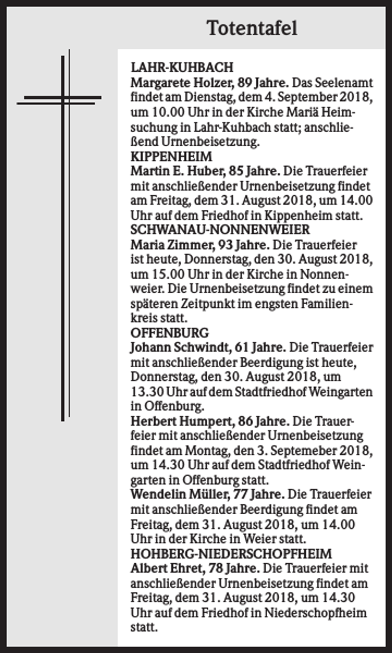 <p>Totentafel<br />LAHR-KUHBACH<br />Margarete Holzer, 89 Jahre. Das Seelenamt<br />findet am Dienstag, dem 4. September 2018,<br />um 10.00 Uhr in der Kirche Mariä Heimsuchung in Lahr-Kuhbach statt; anschließend Urnenbeisetzung.<br />KIPPENHEIM<br />Martin E. Huber, 85 Jahre. Die Trauerfeier<br />mit anschließender Urnenbeisetzung findet<br />am Freitag, dem 31. August 2018, um 14.00<br />Uhr auf dem Friedhof in Kippenheim statt.<br />SCHWANAU-NONNENWEIER<br />Maria Zimmer, 93 Jahre. Die Trauerfeier<br />ist heute, Donnerstag, den 30. August 2018,<br />um 15.00 Uhr in der Kirche in Nonnenweier. Die Urnenbeisetzung findet zu einem<br />späteren Zeitpunkt im engsten Familienkreis statt.<br />OFFENBURG<br />Johann Schwindt, 61 Jahre. Die Trauerfeier<br />mit anschließender Beerdigung ist heute,<br />Donnerstag, den 30. August 2018, um<br />13.30 Uhr auf dem Stadtfriedhof Weingarten<br />in Offenburg.<br />Herbert Humpert, 86 Jahre. Die Trauerfeier mit anschließender Urnenbeisetzung<br />findet am Montag, den 3. Septemeber 2018,<br />um 14.30 Uhr auf dem Stadtfriedhof Weingarten in Offenburg statt.<br />Wendelin Müller, 77 Jahre. Die Trauerfeier<br />mit anschließender Beerdigung findet am<br />Freitag, dem 31. August 2018, um 14.00<br />Uhr in der Kirche in Weier statt.<br />HOHBERG-NIEDERSCHOPFHEIM<br />Albert Ehret, 78 Jahre. Die Trauerfeier mit<br />anschließender Urnenbeisetzung findet am<br />Freitag, dem 31. August 2018, um 14.30<br />Uhr auf dem Friedhof in Niederschopfheim<br />statt.</p>