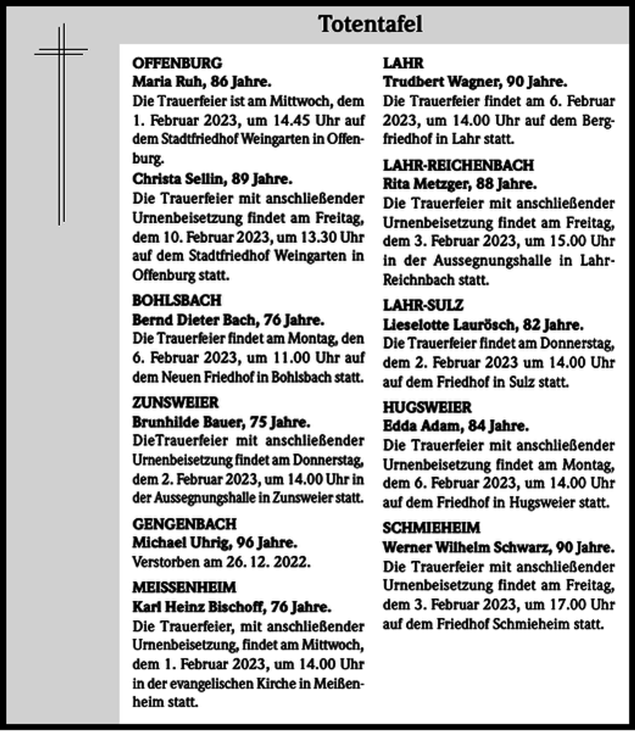 <p>Totentafel Totentafel<br />OFFENBURG<br />Maria Ruh, 86 Jahre.<br />Die Trauerfeier ist am Mittwoch, dem<br />1. Februar 2023, um 14.45 Uhr auf<br />dem Stadtfriedhof Weingarten in Offenburg.<br />Christa Sellin, 89 Jahre.<br />Die Trauerfeier mit anschließender<br />Urnenbeisetzung findet am Freitag,<br />dem 10. Februar 2023, um 13.30 Uhr<br />auf dem Stadtfriedhof Weingarten in<br />Offenburg statt.</p><p>LAHR<br />Trudbert Wagner, 90 Jahre.<br />Die Trauerfeier findet am 6. Februar<br />2023, um 14.00 Uhr auf dem Bergfriedhof in Lahr statt.</p><p>BOHLSBACH<br />Bernd Dieter Bach, 76 Jahre.<br />Die Trauerfeier findet am Montag, den<br />6. Februar 2023, um 11.00 Uhr auf<br />dem Neuen Friedhof in Bohlsbach statt.</p><p>LAHR-SULZ<br />Lieselotte Laurösch, 82 Jahre.<br />Die Trauerfeier findet am Donnerstag,<br />dem 2. Februar 2023 um 14.00 Uhr<br />auf dem Friedhof in Sulz statt.</p><p>ZUNSWEIER<br />Brunhilde Bauer, 75 Jahre.<br />DieTrauerfeier mit anschließender<br />Urnenbeisetzung findet am Donnerstag,<br />dem 2. Februar 2023, um 14.00 Uhr in<br />der Aussegnungshalle in Zunsweier statt.</p><p>HUGSWEIER<br />Edda Adam, 84 Jahre.<br />Die Trauerfeier mit anschließender<br />Urnenbeisetzung findet am Montag,<br />dem 6. Februar 2023, um 14.00 Uhr<br />auf dem Friedhof in Hugsweier statt.</p><p>GENGENBACH<br />Michael Uhrig, 96 Jahre.<br />Verstorben am 26. 12. 2022.</p><p>SCHMIEHEIM<br />Werner Wilhelm Schwarz, 90 Jahre.<br />Die Trauerfeier mit anschließender<br />Urnenbeisetzung findet am Freitag,<br />dem 3. Februar 2023, um 17.00 Uhr<br />auf dem Friedhof Schmieheim statt.</p><p>MEISSENHEIM<br />Karl Heinz Bischoff, 76 Jahre.<br />Die Trauerfeier, mit anschließender<br />Urnenbeisetzung, findet am Mittwoch,<br />dem 1. Februar 2023, um 14.00 Uhr<br />in der evangelischen Kirche in Meißenheim statt.</p><p>LAHR-REICHENBACH<br />Rita Metzger, 88 Jahre.<br />Die Trauerfeier mit anschließender<br />Urnenbeisetzung findet am Freitag,<br />dem 3. Februar 2023, um 15.00 Uhr<br />in der Aussegnungshalle in LahrReichnbach statt.</p>