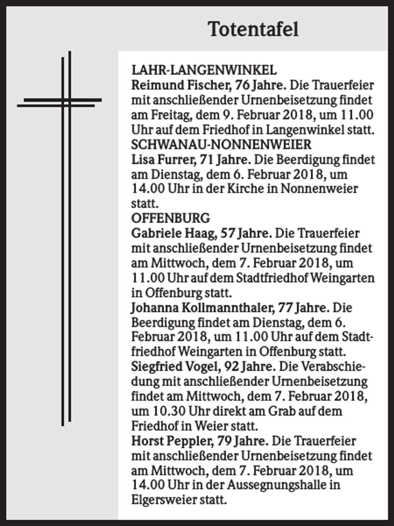 <p>Totentafel<br />LAHR-LANGENWINKEL<br />Reimund Fischer, 76 Jahre. Die Trauerfeier<br />mit anschließender Urnenbeisetzung findet<br />am Freitag, dem 9. Februar 2018, um 11.00<br />Uhr auf dem Friedhof in Langenwinkel statt.<br />SCHWANAU-NONNENWEIER<br />Lisa Furrer, 71 Jahre. Die Beerdigung findet<br />am Dienstag, dem 6. Februar 2018, um<br />14.00 Uhr in der Kirche in Nonnenweier<br />statt.<br />OFFENBURG<br />Gabriele Haag, 57 Jahre. Die Trauerfeier<br />mit anschließender Urnenbeisetzung findet<br />am Mittwoch, dem 7. Februar 2018, um<br />11.00 Uhr auf dem Stadtfriedhof Weingarten<br />in Offenburg statt.<br />Johanna Kollmannthaler, 77 Jahre. Die<br />Beerdigung findet am Dienstag, dem 6.<br />Februar 2018, um 11.00 Uhr auf dem Stadtfriedhof Weingarten in Offenburg statt.<br />Siegfried Vogel, 92 Jahre. Die Verabschiedung mit anschließender Urnenbeisetzung<br />findet am Mittwoch, dem 7. Februar 2018,<br />um 10.30 Uhr direkt am Grab auf dem<br />Friedhof in Weier statt.<br />Horst Peppler, 79 Jahre. Die Trauerfeier<br />mit anschließender Urnenbeisetzung findet<br />am Mittwoch, dem 7. Februar 2018, um<br />14.00 Uhr in der Aussegnungshalle in<br />Elgersweier statt.</p>