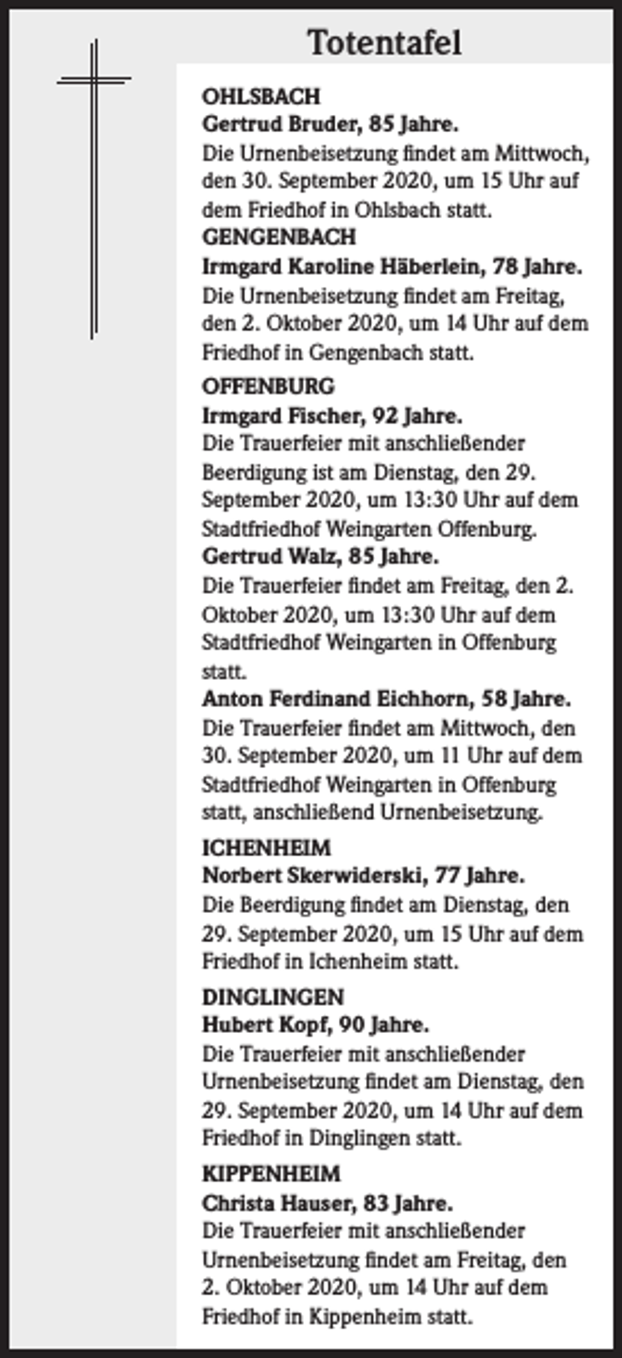 <p>Totentafel<br />OHLSBACH<br />Gertrud Bruder, 85 Jahre.<br />Die Urnenbeisetzung findet am Mittwoch,<br />den 30. September 2020, um 15 Uhr auf<br />dem Friedhof in Ohlsbach statt.<br />GENGENBACH<br />Irmgard Karoline Häberlein, 78 Jahre.<br />Die Urnenbeisetzung findet am Freitag,<br />den 2. Oktober 2020, um 14 Uhr auf dem<br />Friedhof in Gengenbach statt.<br />OFFENBURG<br />Irmgard Fischer, 92 Jahre.<br />Die Trauerfeier mit anschließender<br />Beerdigung ist am Dienstag, den 29.<br />September 2020, um 13:30 Uhr auf dem<br />Stadtfriedhof Weingarten Offenburg.<br />Gertrud Walz, 85 Jahre.<br />Die Trauerfeier findet am Freitag, den 2.<br />Oktober 2020, um 13:30 Uhr auf dem<br />Stadtfriedhof Weingarten in Offenburg<br />statt.<br />Anton Ferdinand Eichhorn, 58 Jahre.<br />Die Trauerfeier findet am Mittwoch, den<br />30. September 2020, um 11 Uhr auf dem<br />Stadtfriedhof Weingarten in Offenburg<br />statt, anschließend Urnenbeisetzung.<br />ICHENHEIM<br />Norbert Skerwiderski, 77 Jahre.<br />Die Beerdigung findet am Dienstag, den<br />29. September 2020, um 15 Uhr auf dem<br />Friedhof in Ichenheim statt.<br />DINGLINGEN<br />Hubert Kopf, 90 Jahre.<br />Die Trauerfeier mit anschließender<br />Urnenbeisetzung findet am Dienstag, den<br />29. September 2020, um 14 Uhr auf dem<br />Friedhof in Dinglingen statt.<br />KIPPENHEIM<br />Christa Hauser, 83 Jahre.<br />Die Trauerfeier mit anschließender<br />Urnenbeisetzung findet am Freitag, den<br />2. Oktober 2020, um 14 Uhr auf dem<br />Friedhof in Kippenheim statt.</p>